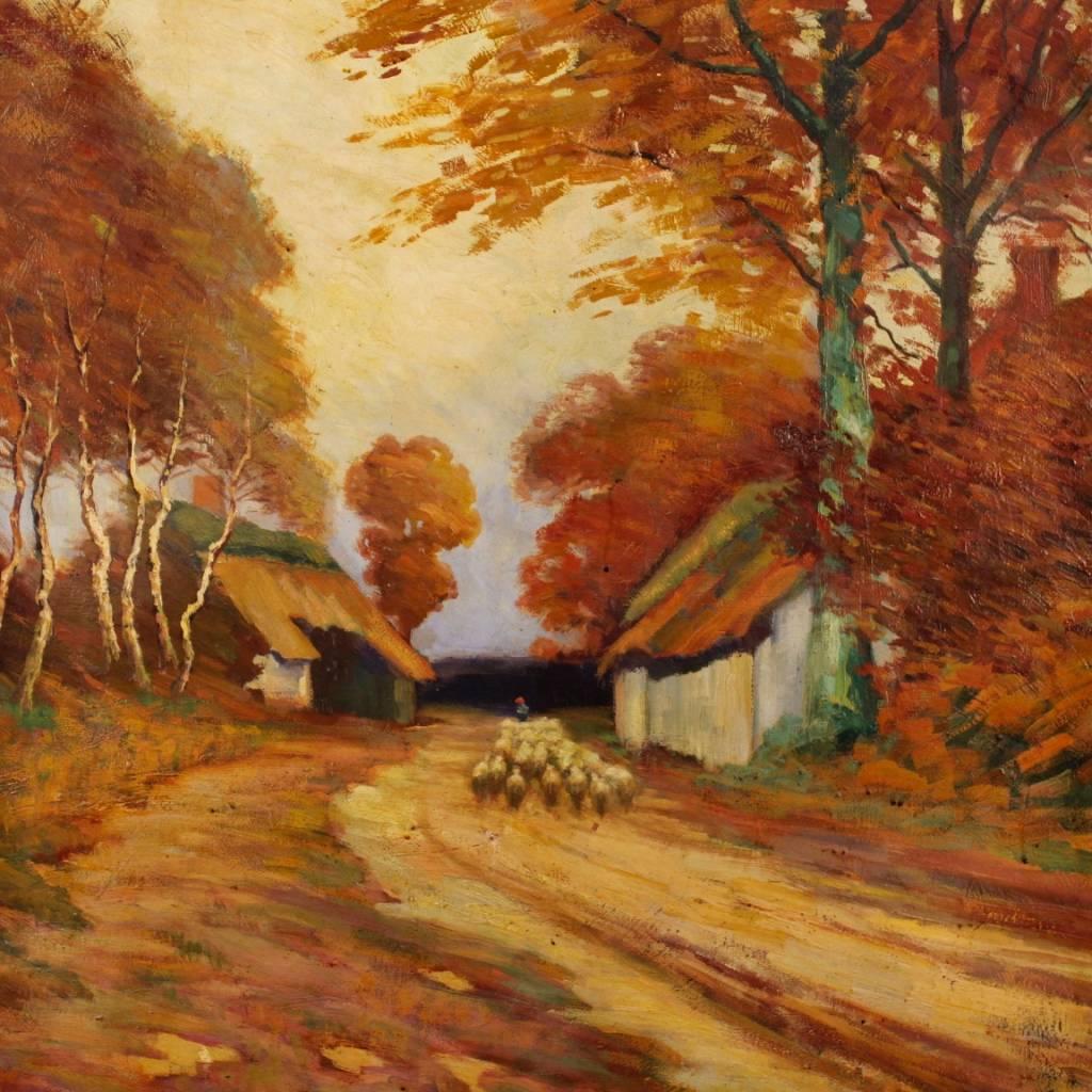 French Bucolic Landscape Painting Oil on Canvas Signed and Dated, 20th Century In Good Condition In Vicoforte, Piedmont