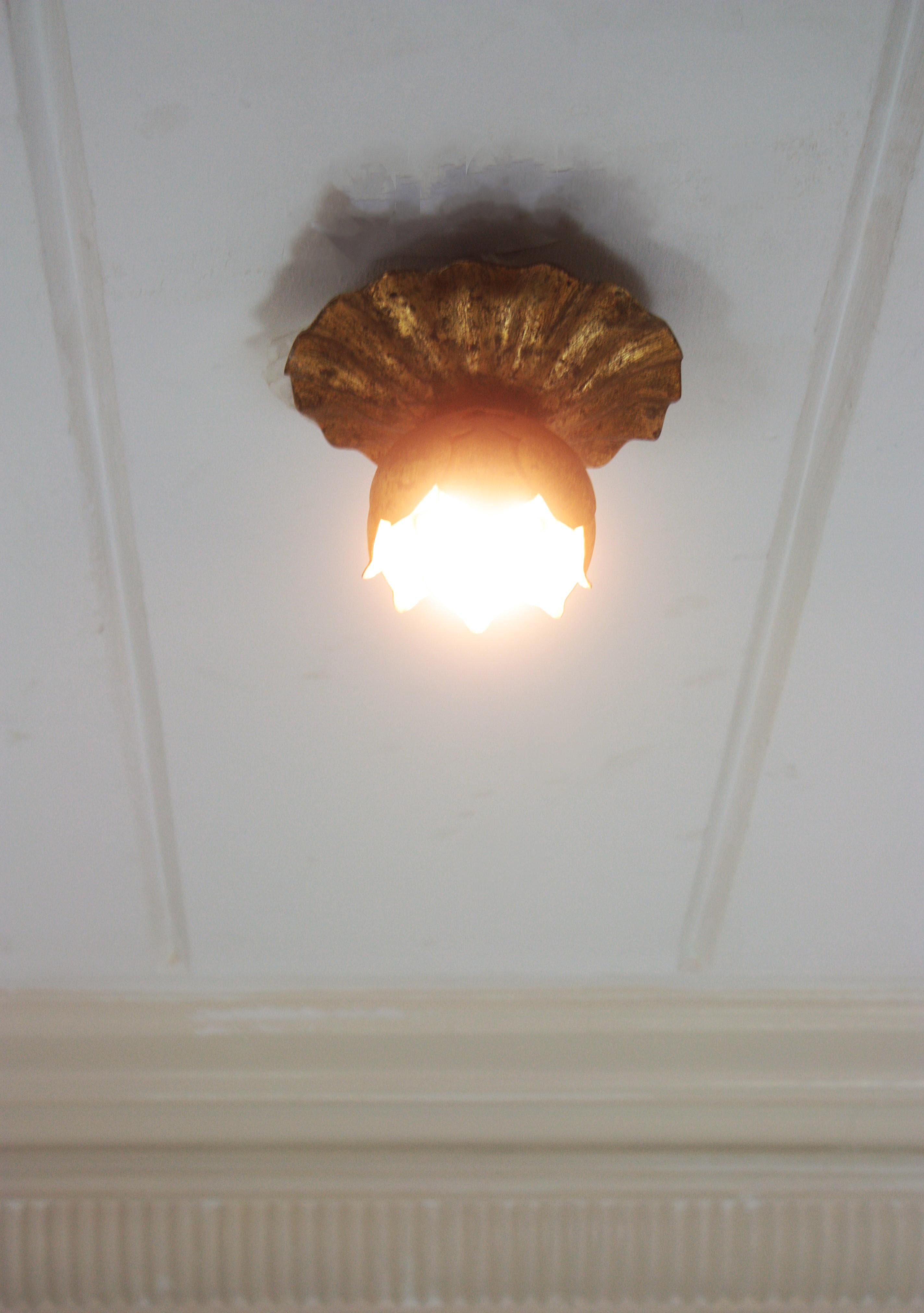 French Bud Flower Flush Mount Light Fixture in Gilt Iron 3