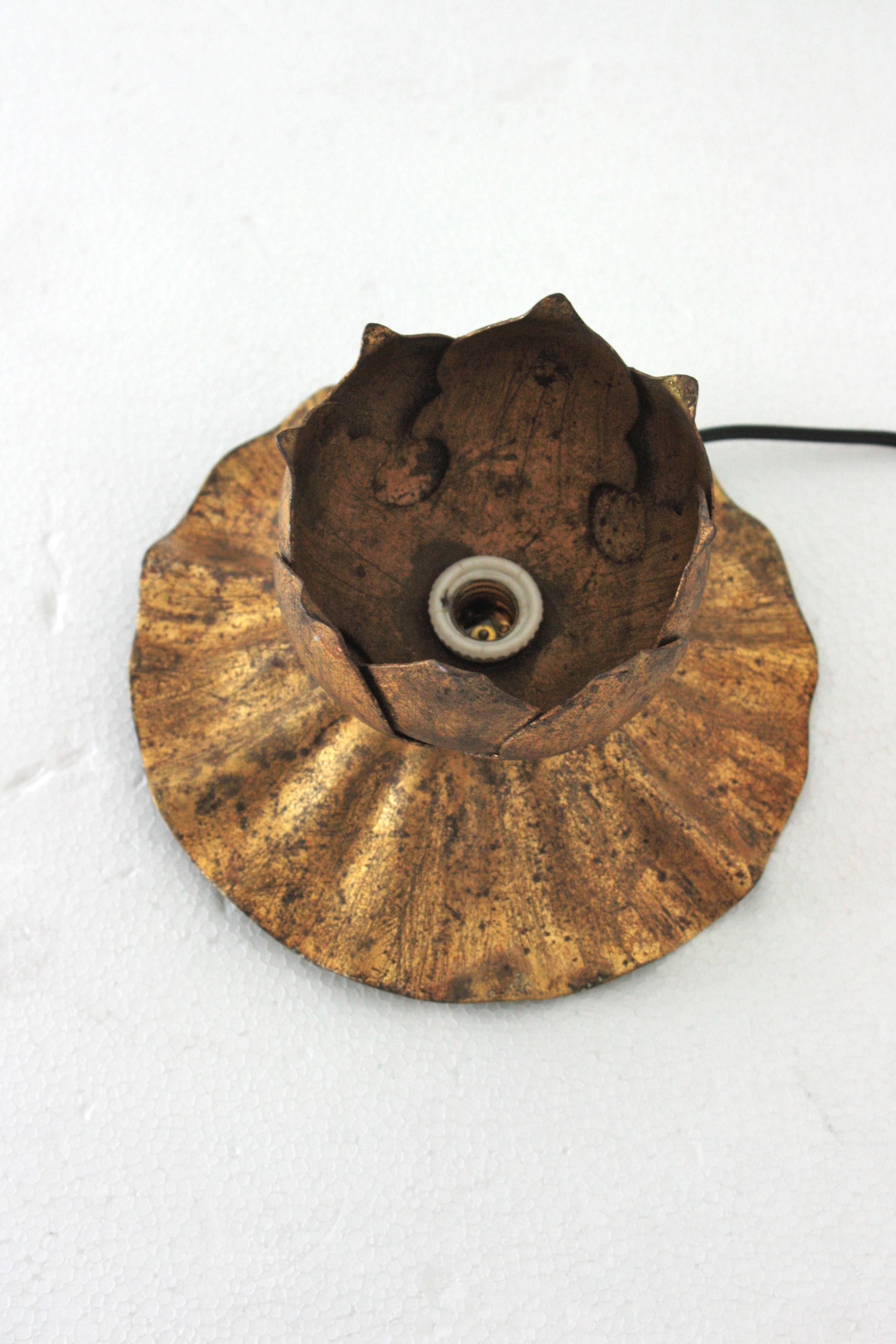 French Bud Flower Flush Mount Light Fixture in Gilt Iron 5