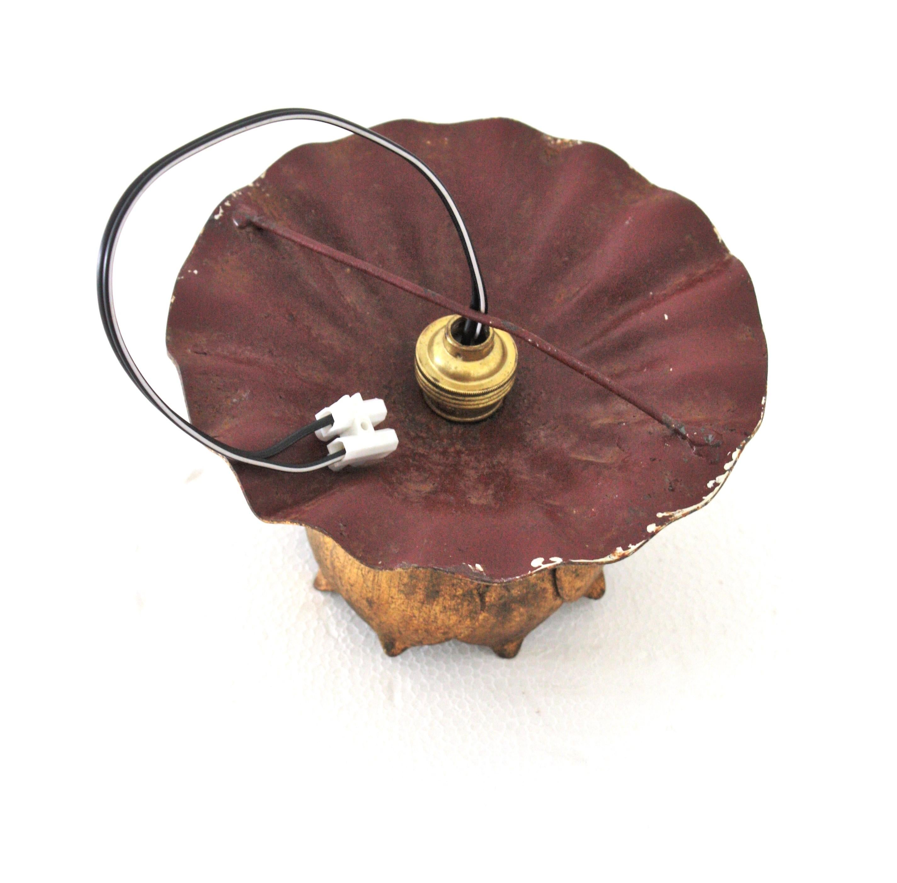 French Bud Flower Flush Mount Light Fixture in Gilt Iron 6