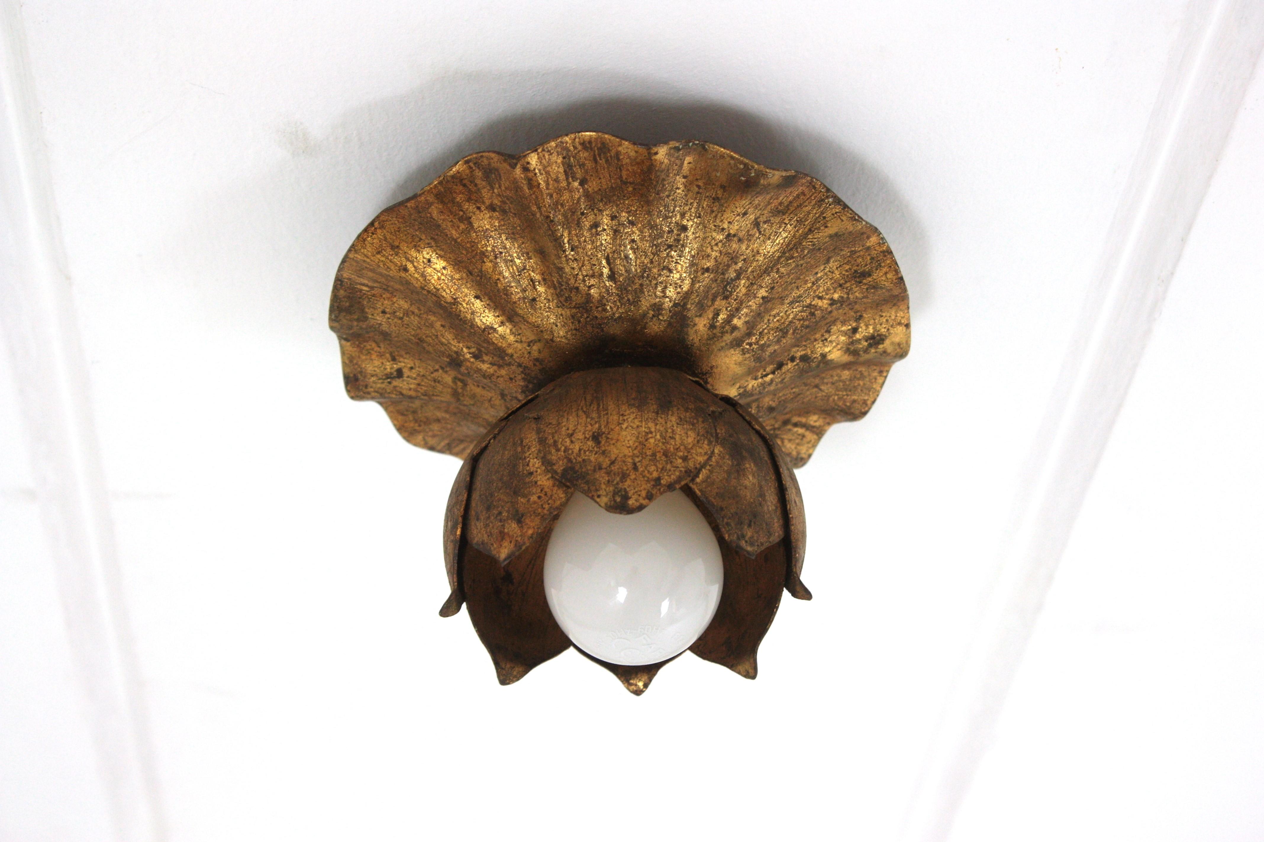 French Bud Flower Flush Mount Light Fixture in Gilt Iron 7