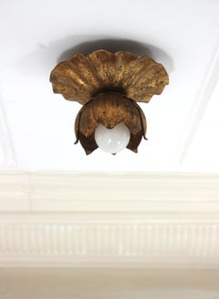 French Bud Flower Flush Mount Light Fixture in Gilt Iron
