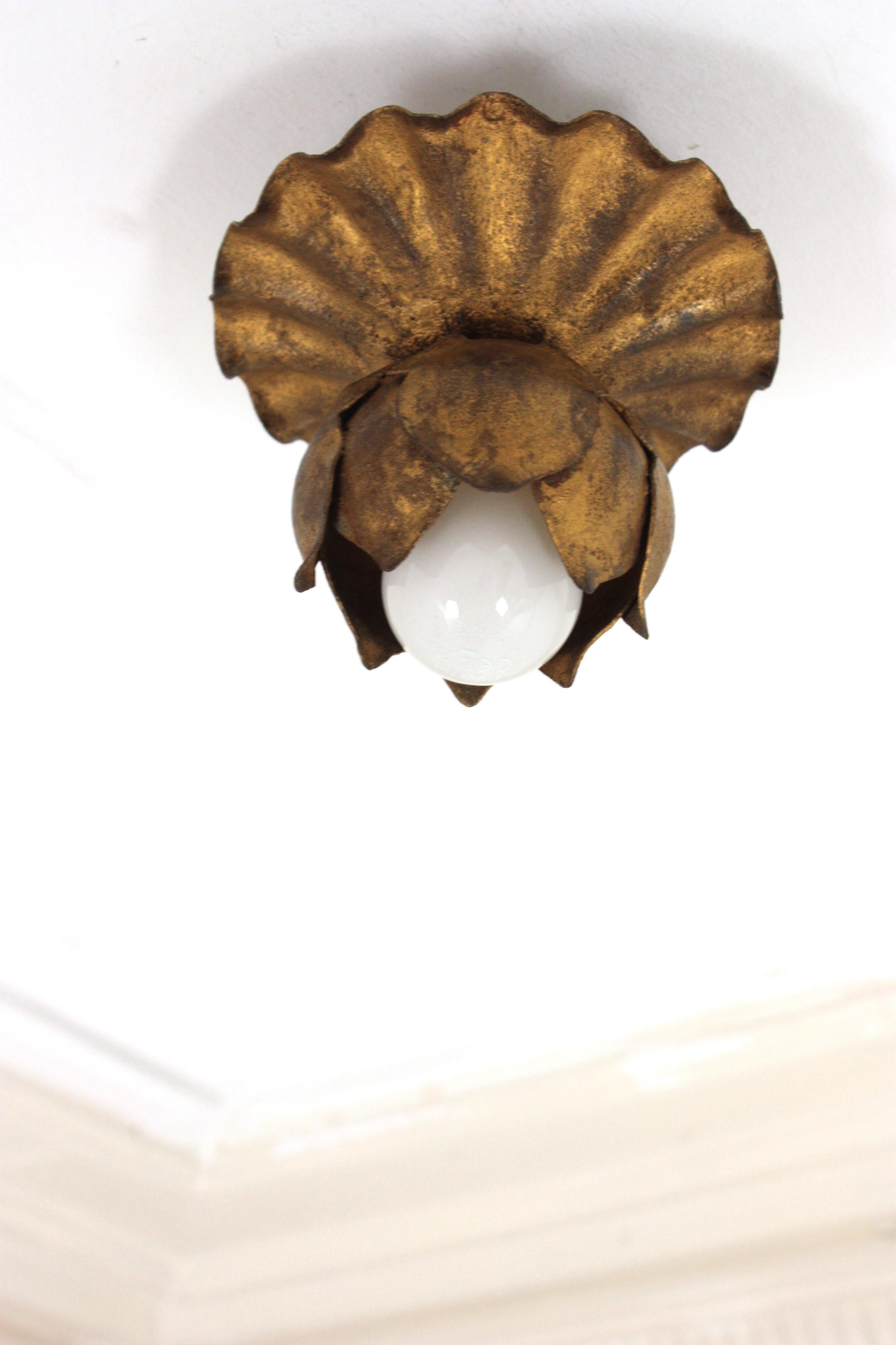 Einzelleuchte Blumenknospe Deckenleuchte / Wandleuchte, vergoldetes Eisen, Blattgold
Frankreich, 1950er Jahre
Eine schöne Hollywood Regency vergoldetes Schmiedeeisen floral flush mount oder Wandleuchte. Diese hübsche Leuchte hat eine runde Rückwand