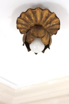 French Bud Flower Flush Mount Light Fixture in Gilt Iron