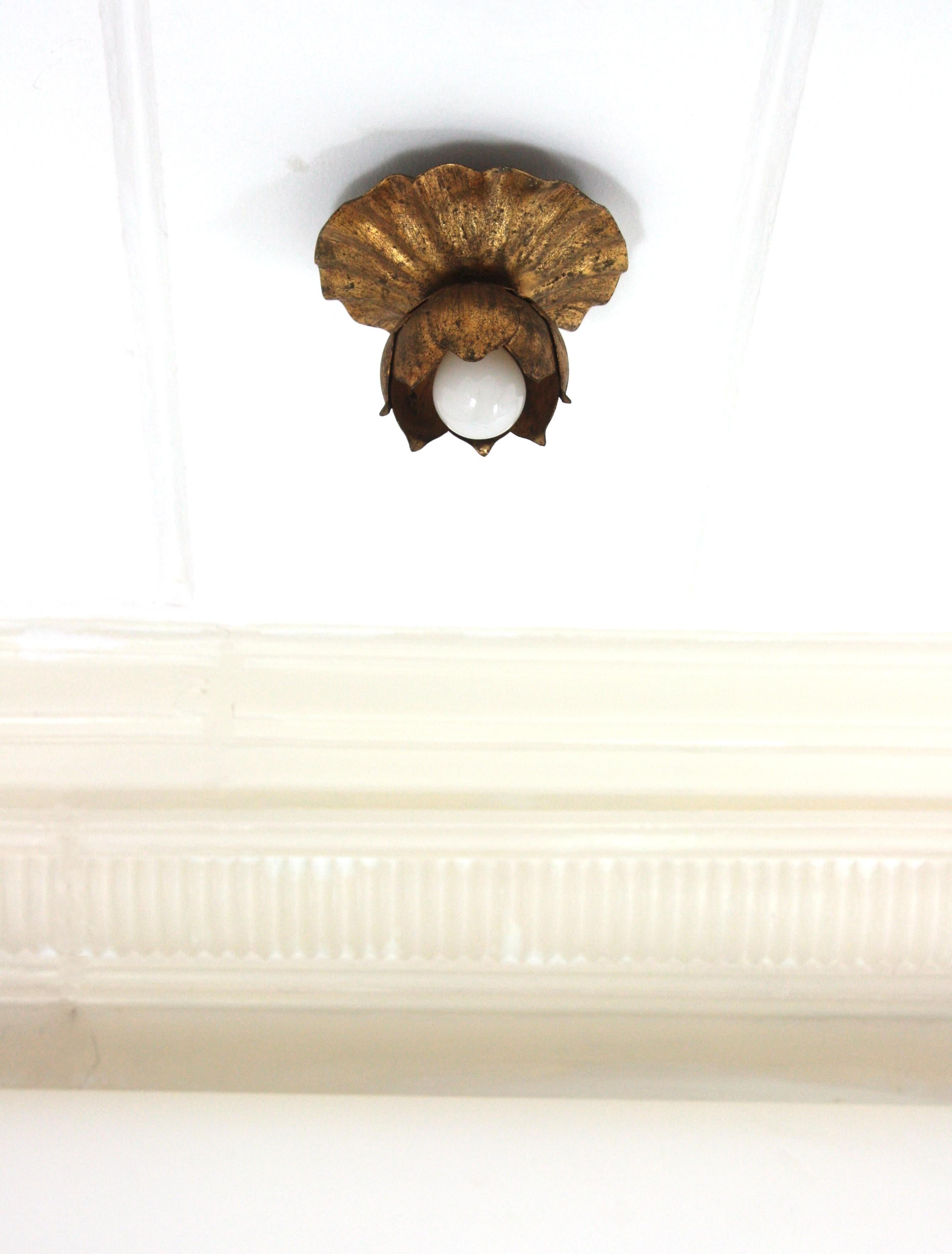 Hollywood Regency French Bud Flower Flush Mount Light Fixture in Gilt Iron