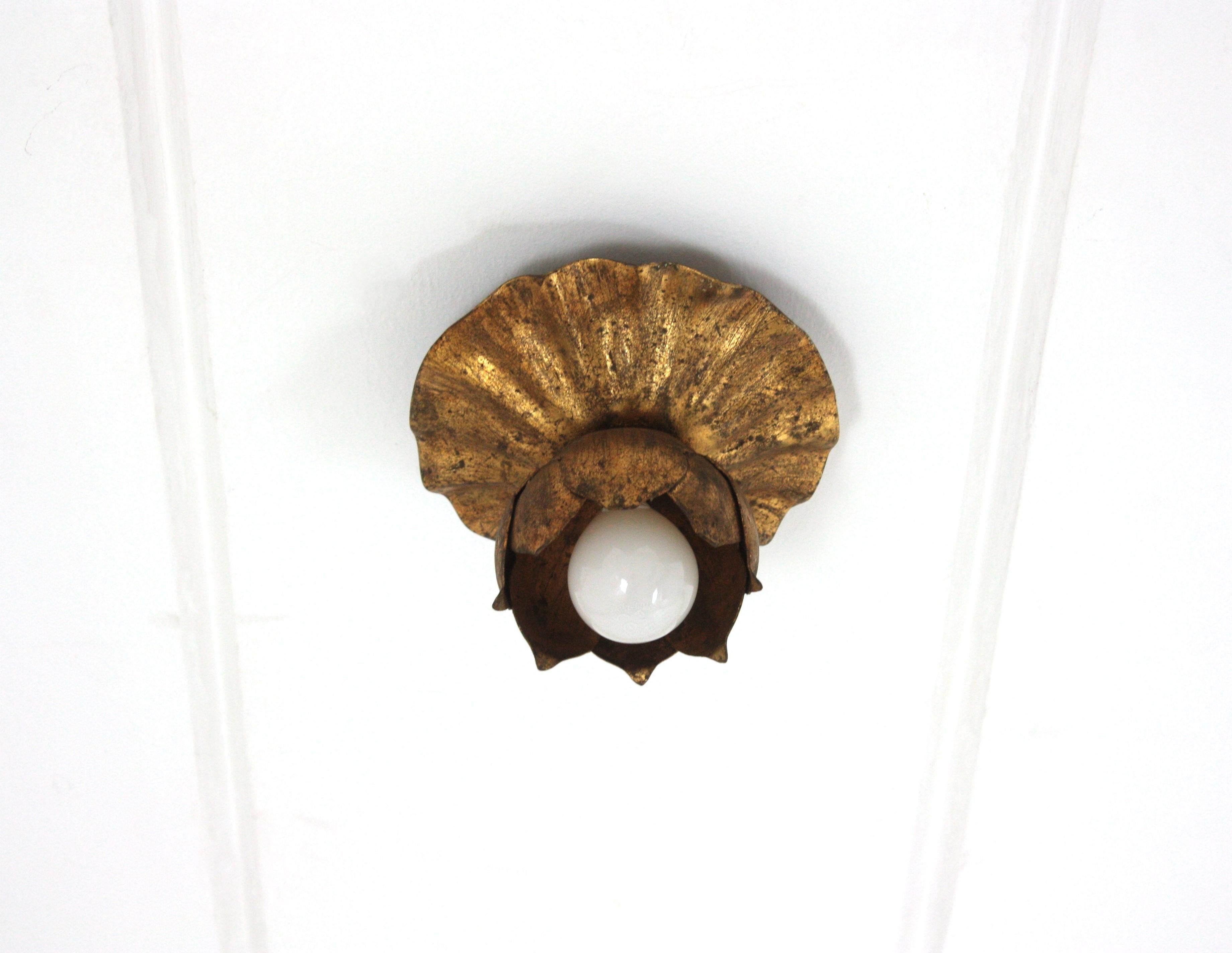 Forged French Bud Flower Flush Mount Light Fixture in Gilt Iron