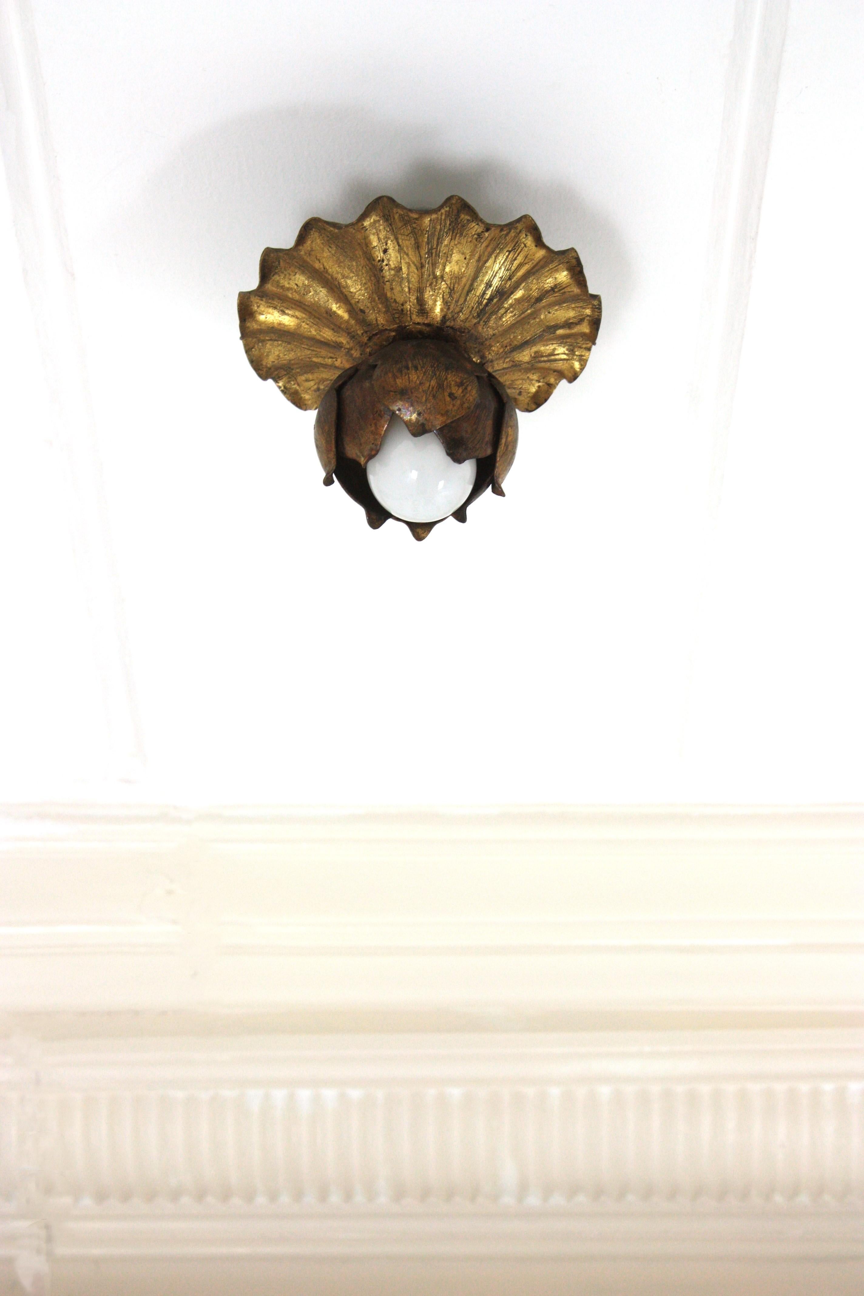 20th Century French Bud Flower Flush Mount Light Fixture in Gilt Iron For Sale