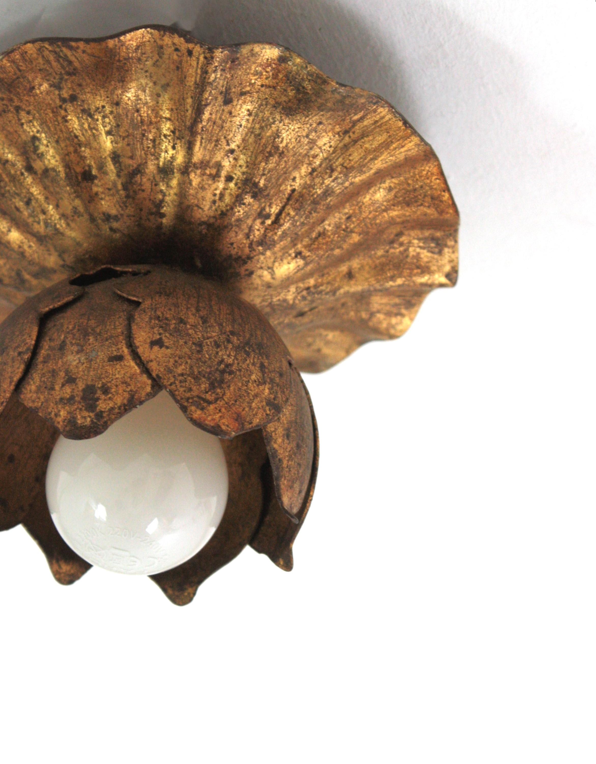 20th Century French Bud Flower Flush Mount Light Fixture in Gilt Iron