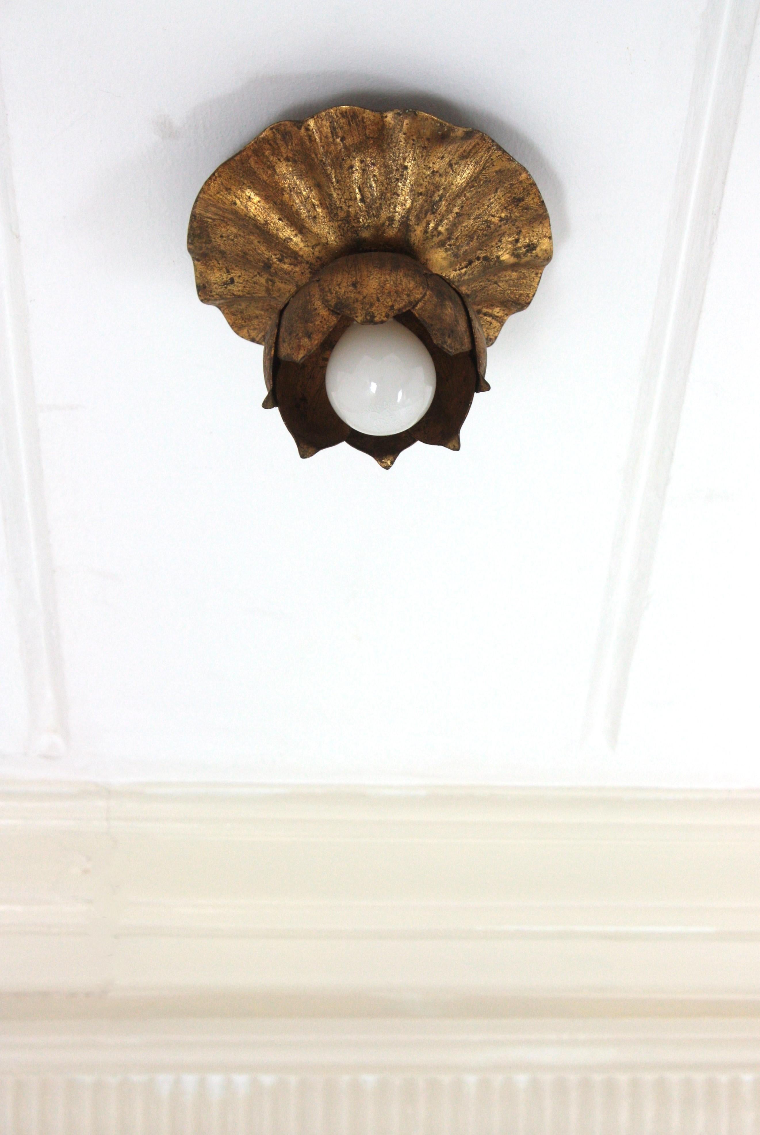 Metal French Bud Flower Flush Mount Light Fixture in Gilt Iron