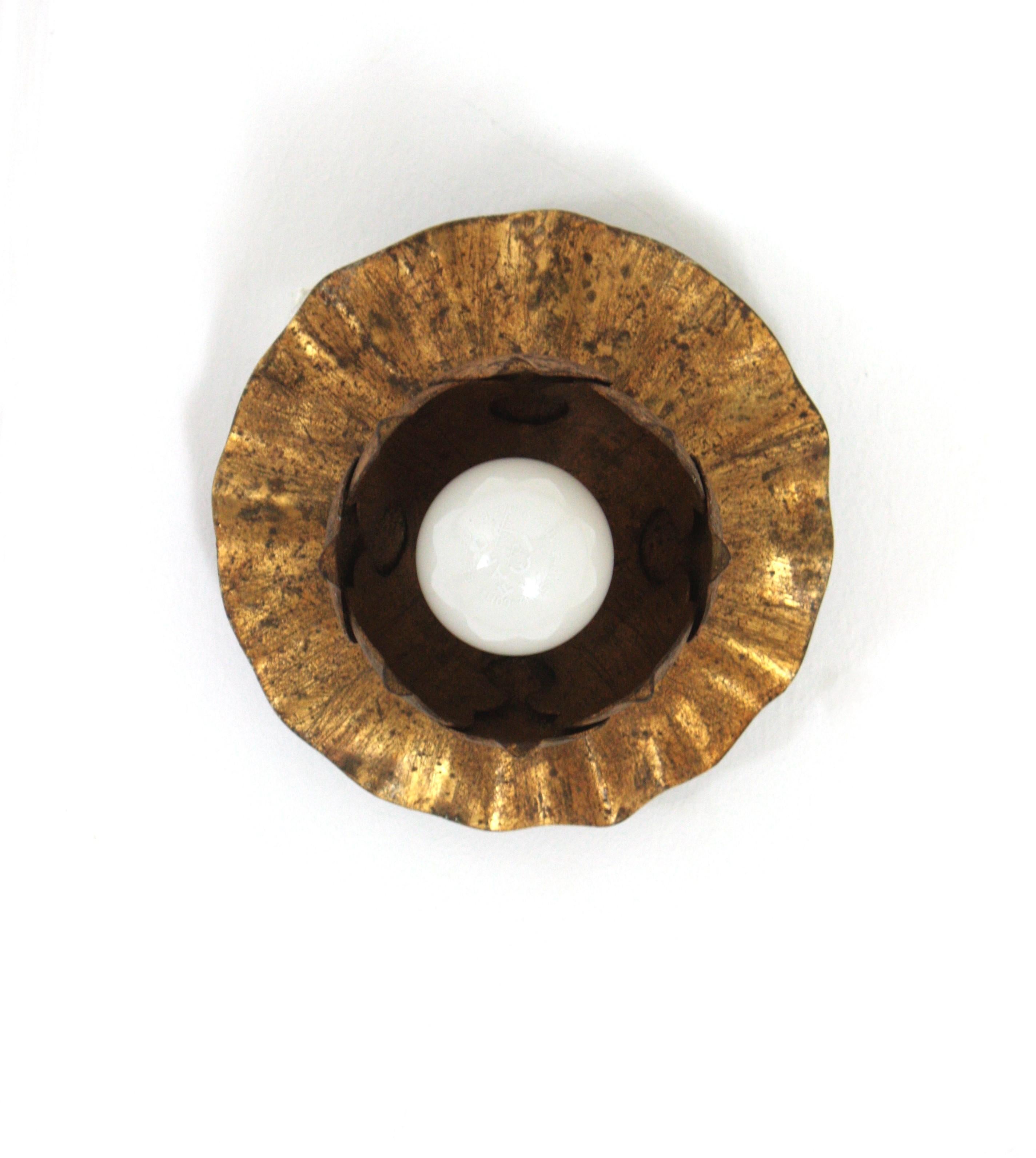 French Bud Flower Flush Mount Light Fixture in Gilt Iron 1