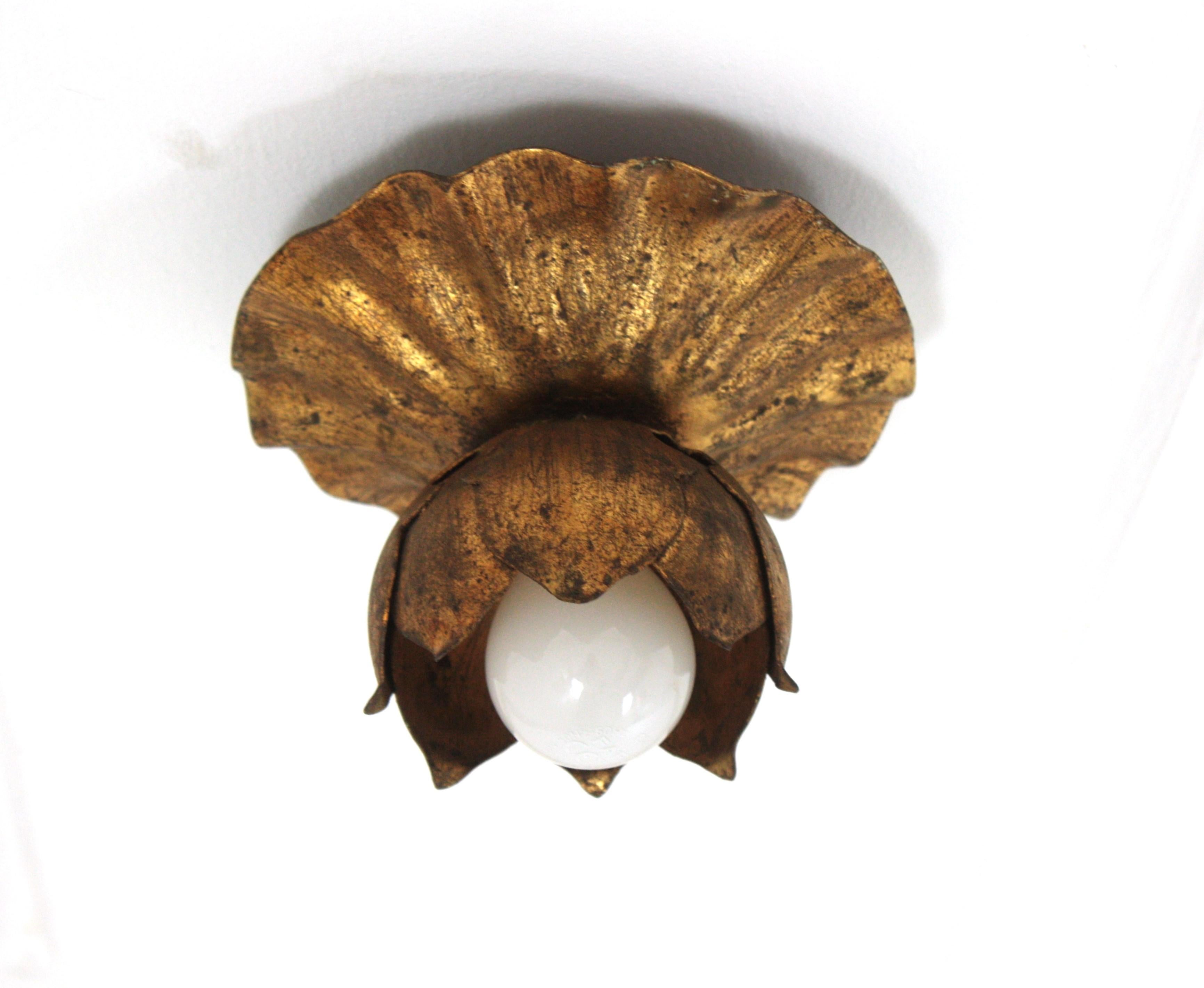 French Bud Flower Flush Mount Light Fixture in Gilt Iron 2