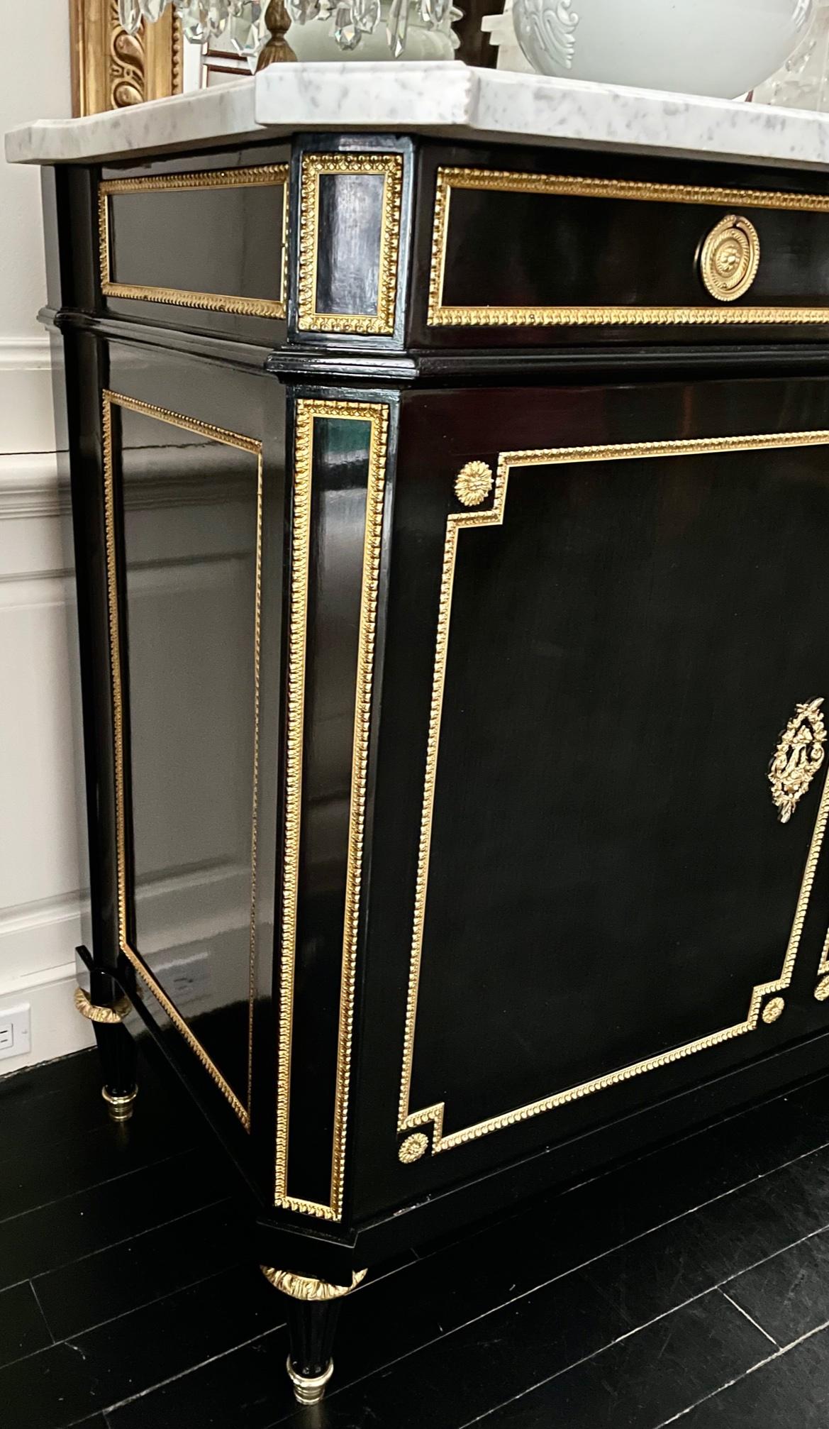 French Buffet Cabinet, Louis XVI Style Ebonized with Marble Top For Sale 10