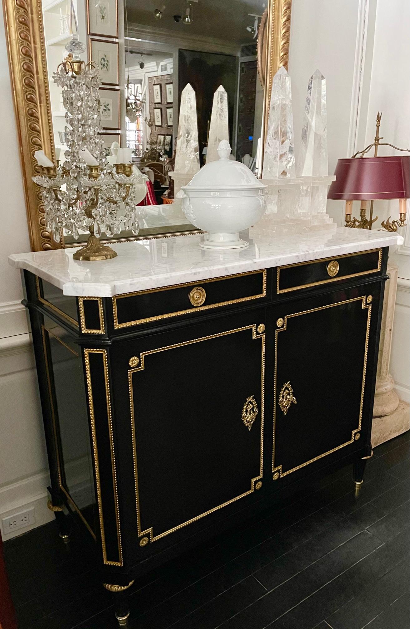 French Buffet Cabinet, Louis XVI Style Ebonized with Marble Top For Sale 11