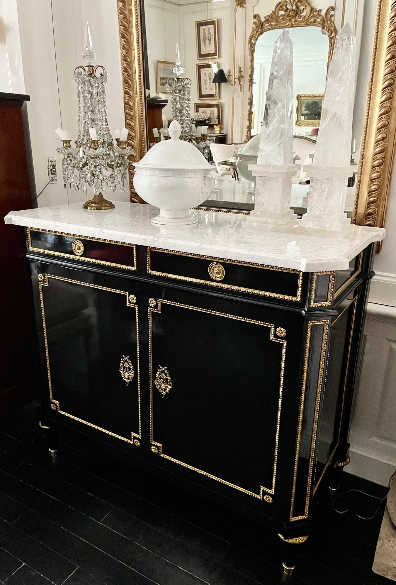 French Buffet Cabinet, Louis XVI Style Ebonized with Marble Top For Sale 13