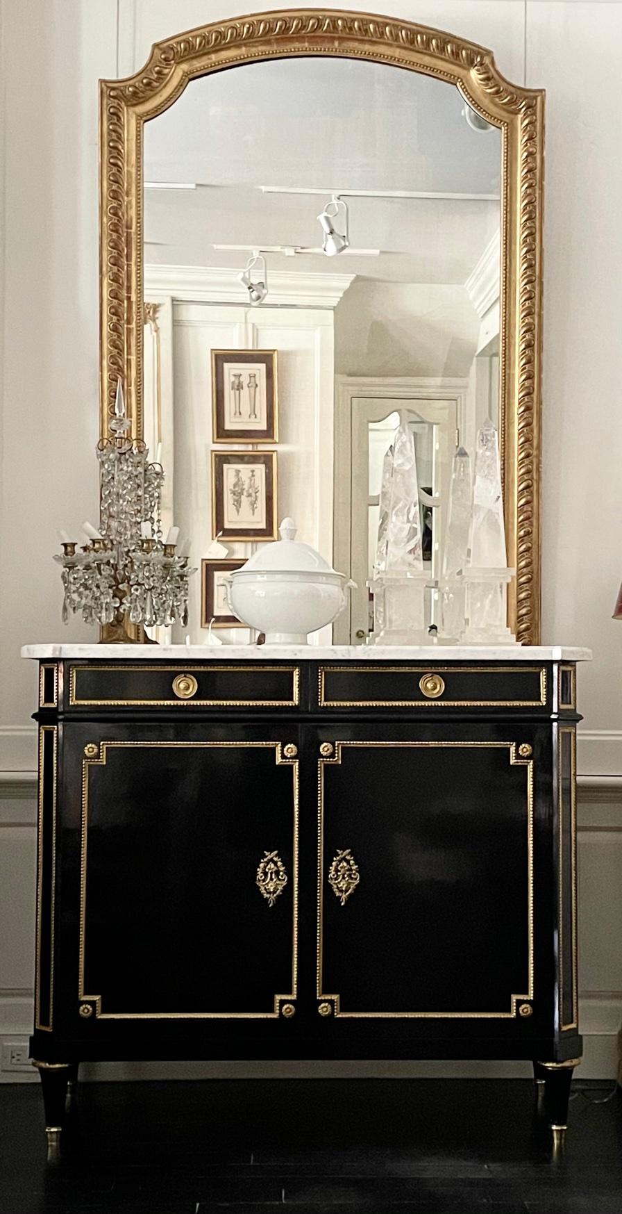 20th Century French Buffet Cabinet, Louis XVI Style Ebonized with Marble Top For Sale