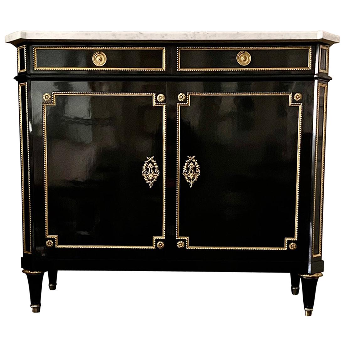 French Buffet Cabinet, Louis XVI Style Ebonized with Marble Top