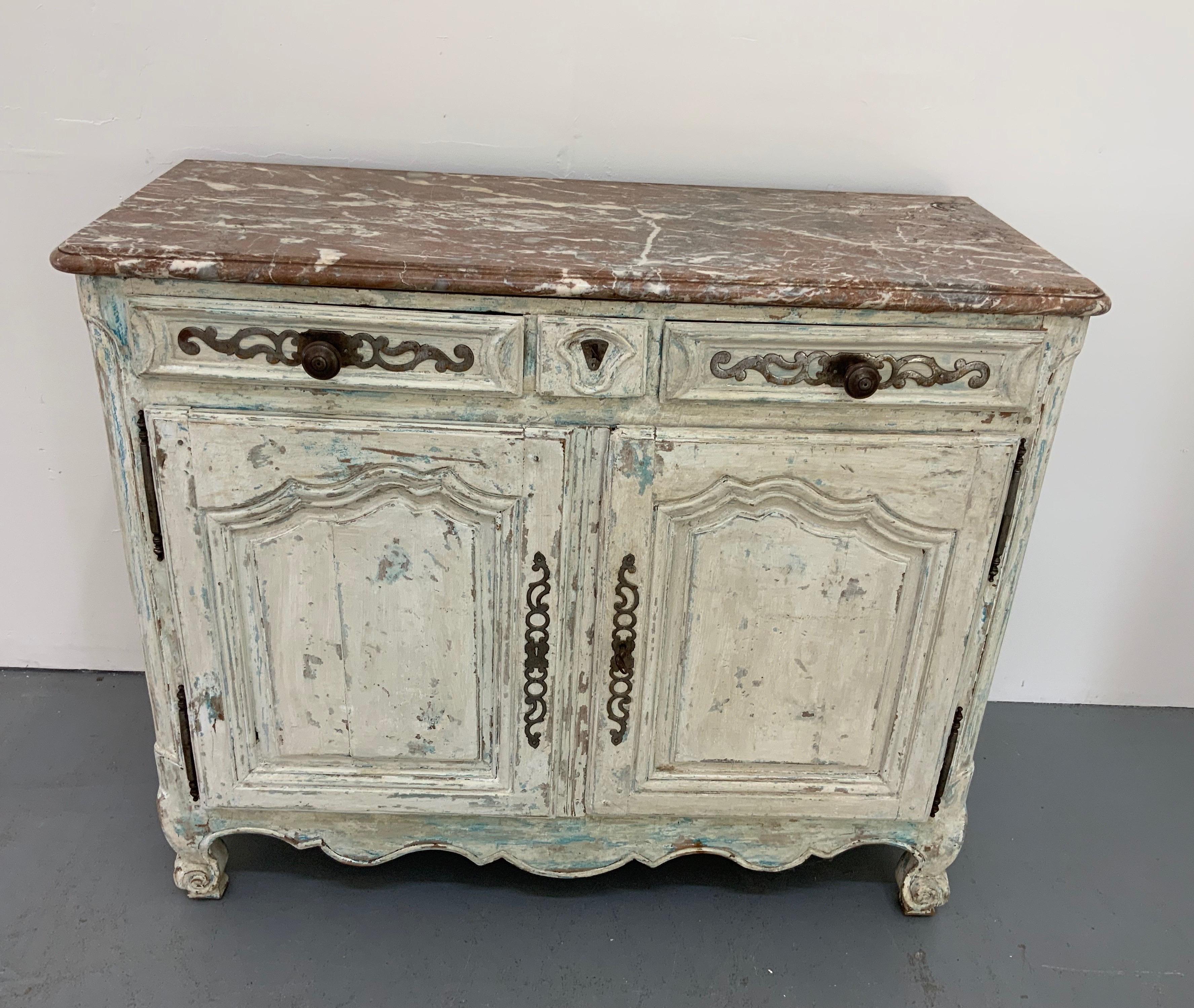 French antique buffet Louis XV Style from 19th century, with marble top - 2 doors and 2 drawers made in walnut and patinated by Benoit, a French interior designer in Paris 
Top marble Length 50.5 inch Length of the base of the piece 48
Deep marble