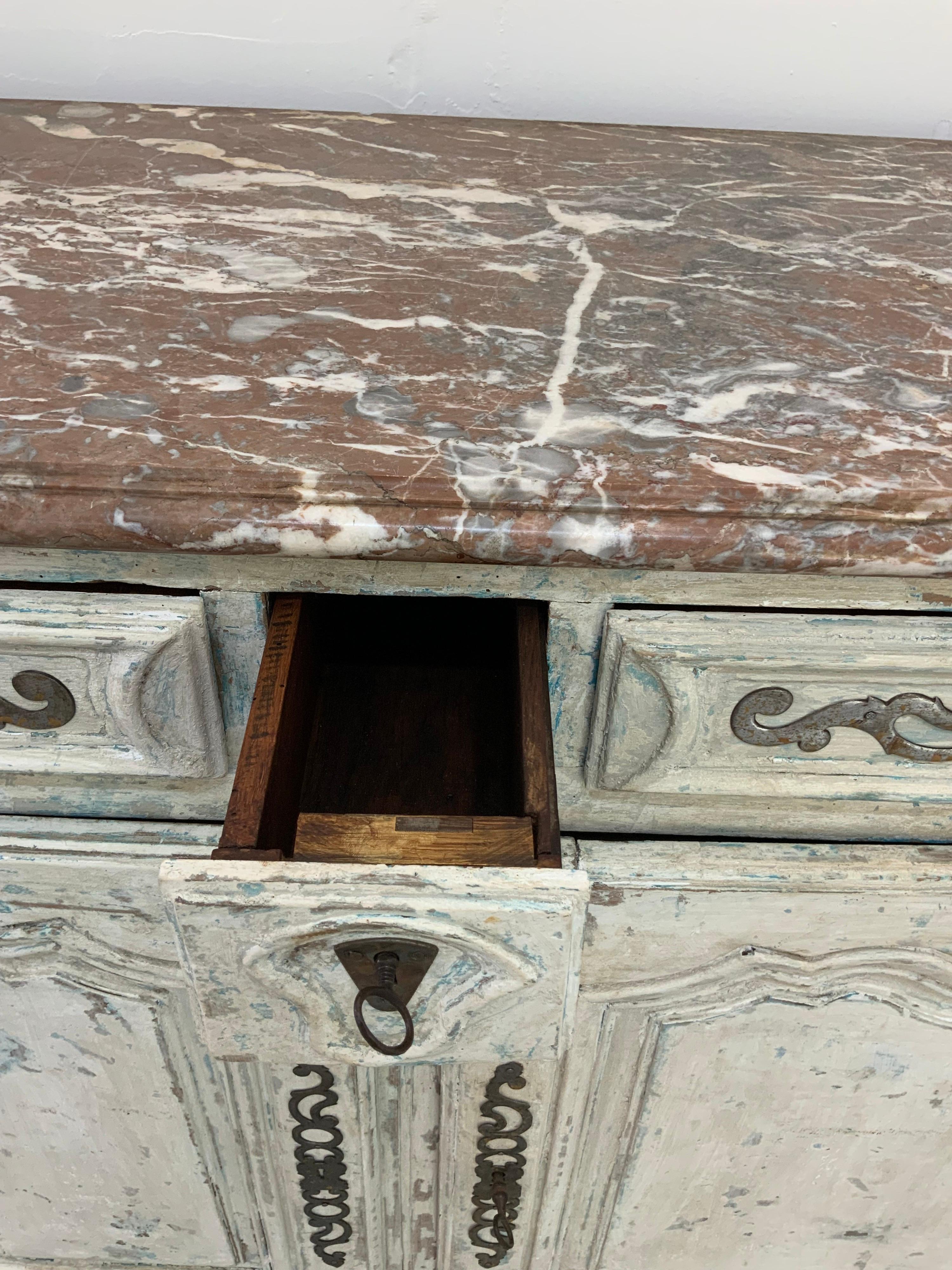 Walnut French Buffet Louis XV Style, 19th Century with Marble Top Patinated by Benoit