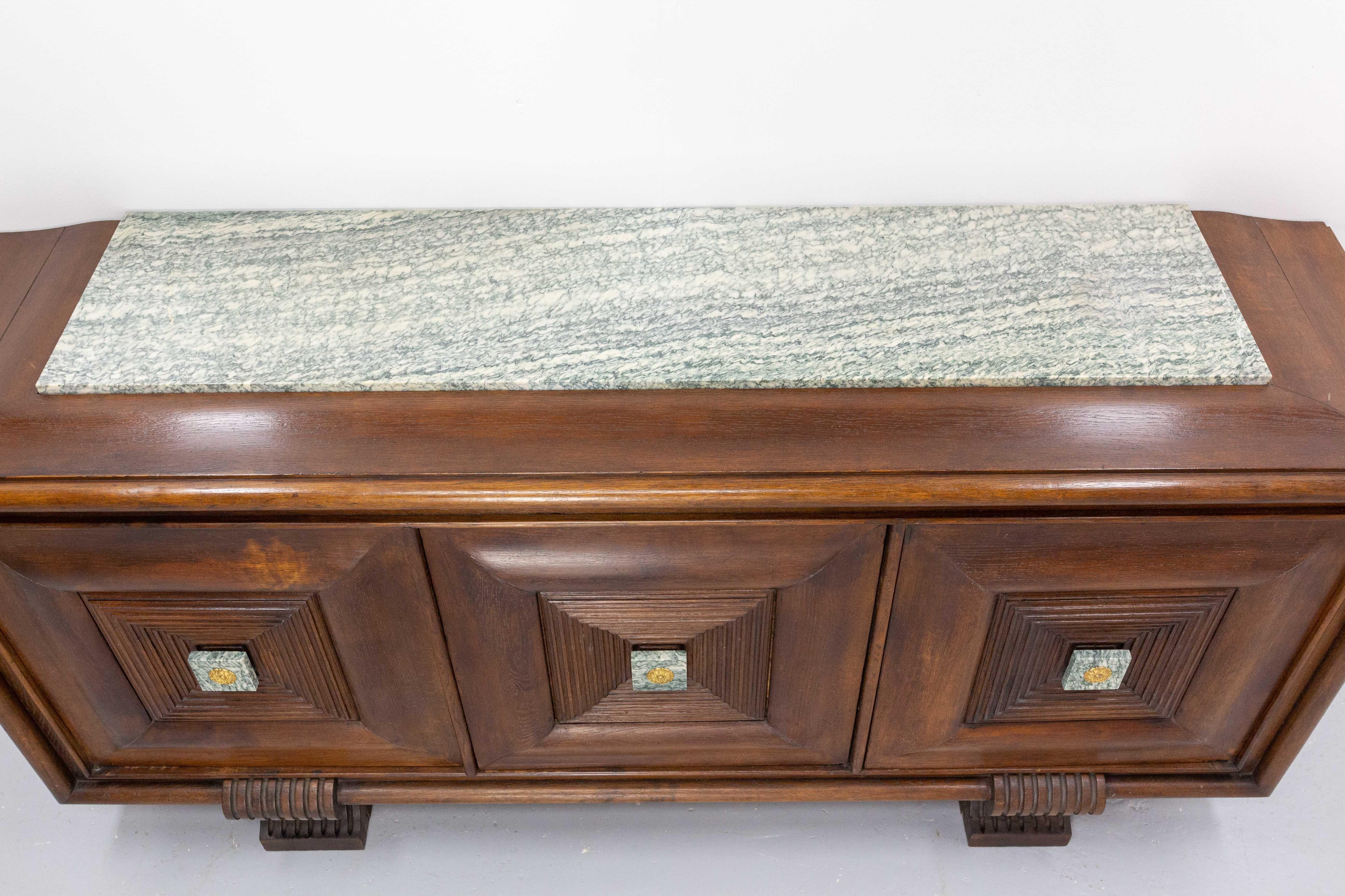 French Buffet Oak Marble Top & Brass, circa 1960 For Sale 4