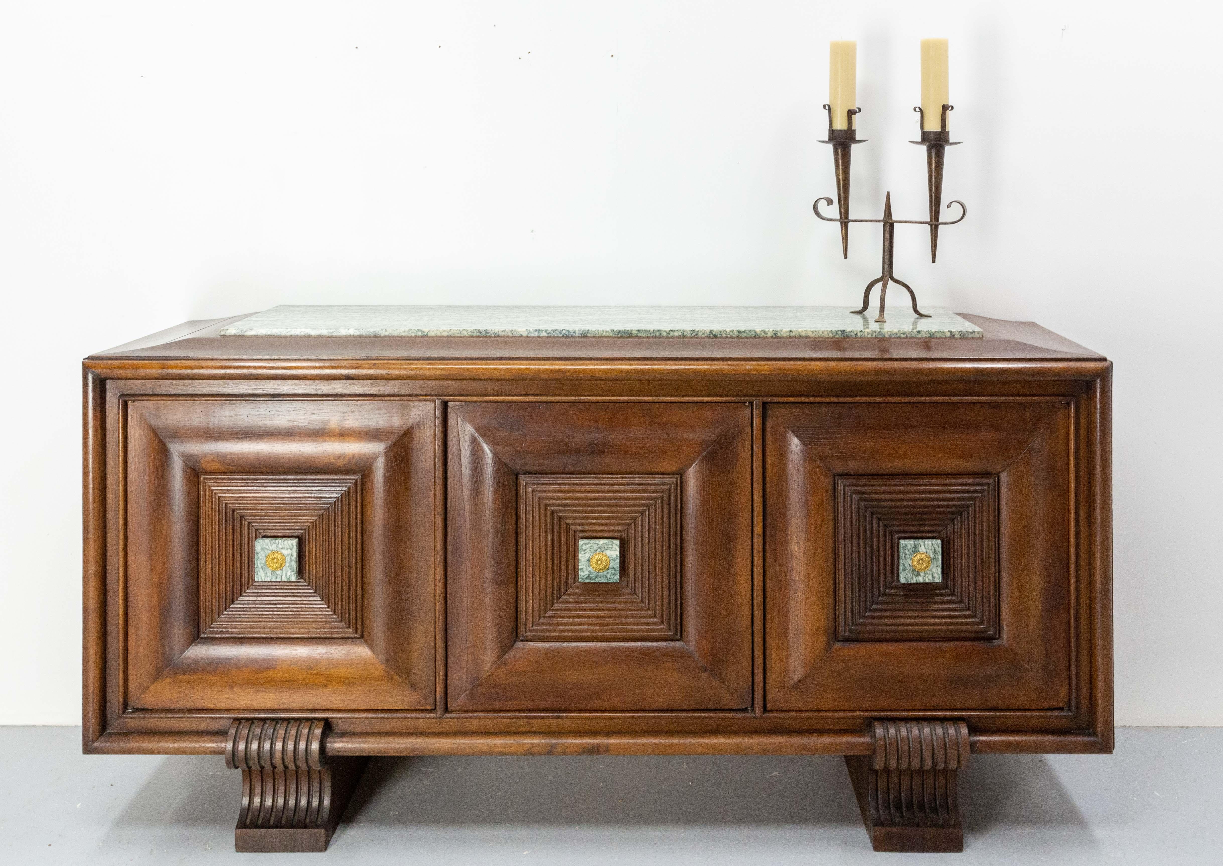 French Buffet Oak Marble Top & Brass, circa 1960 For Sale 9