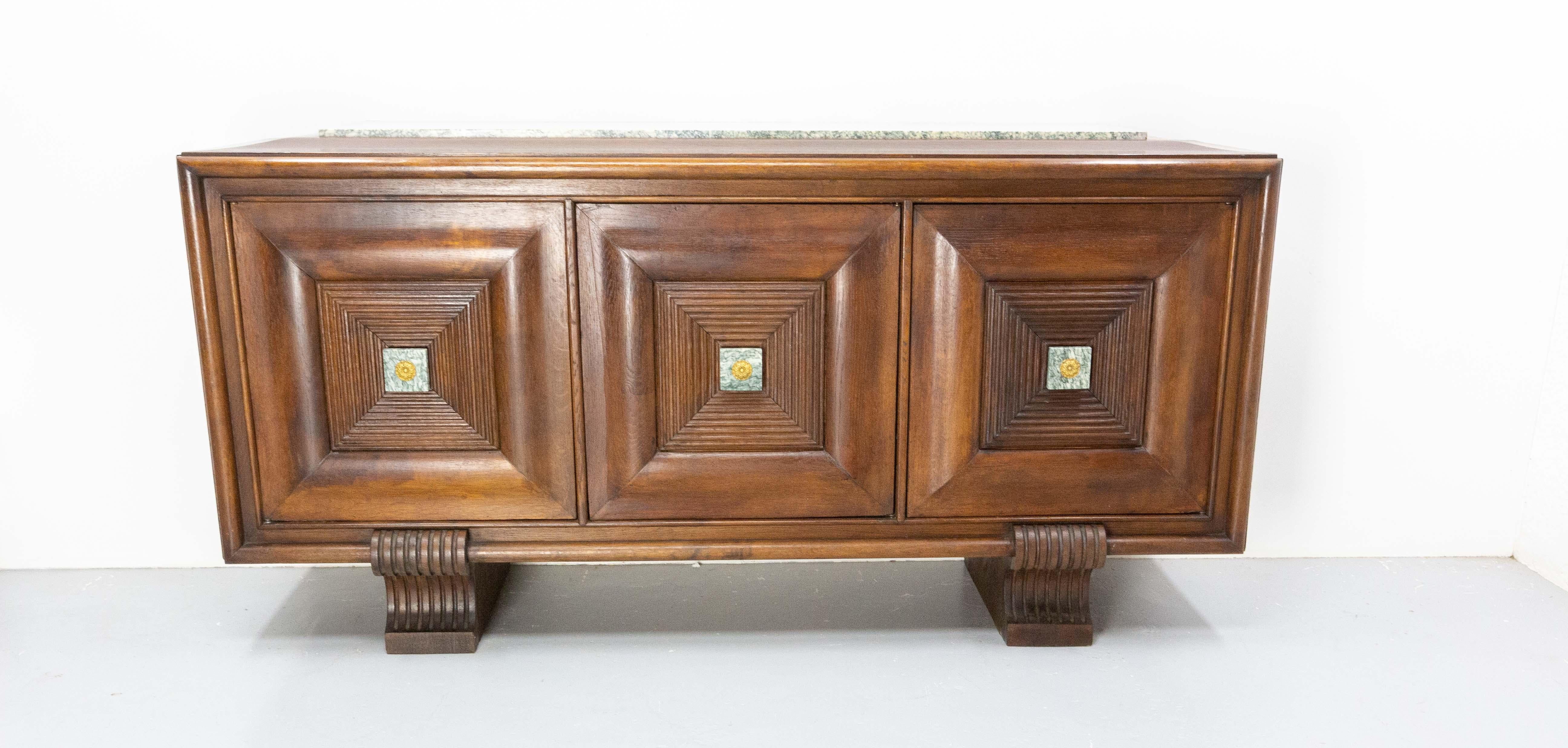 Mid-Century Modern French Buffet Oak Marble Top & Brass, circa 1960 For Sale