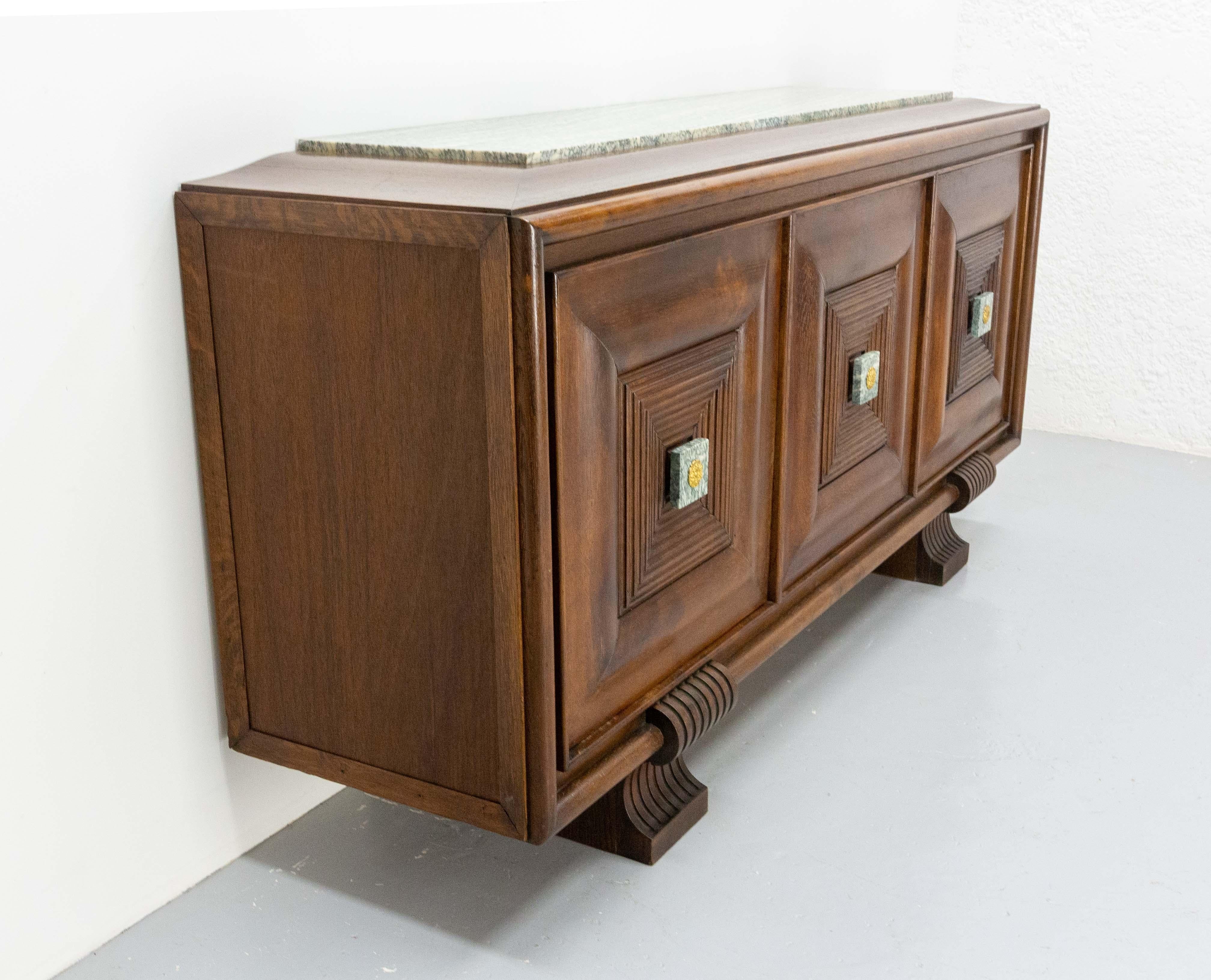 French Buffet Oak Marble Top & Brass, circa 1960 In Good Condition For Sale In Labrit, Landes