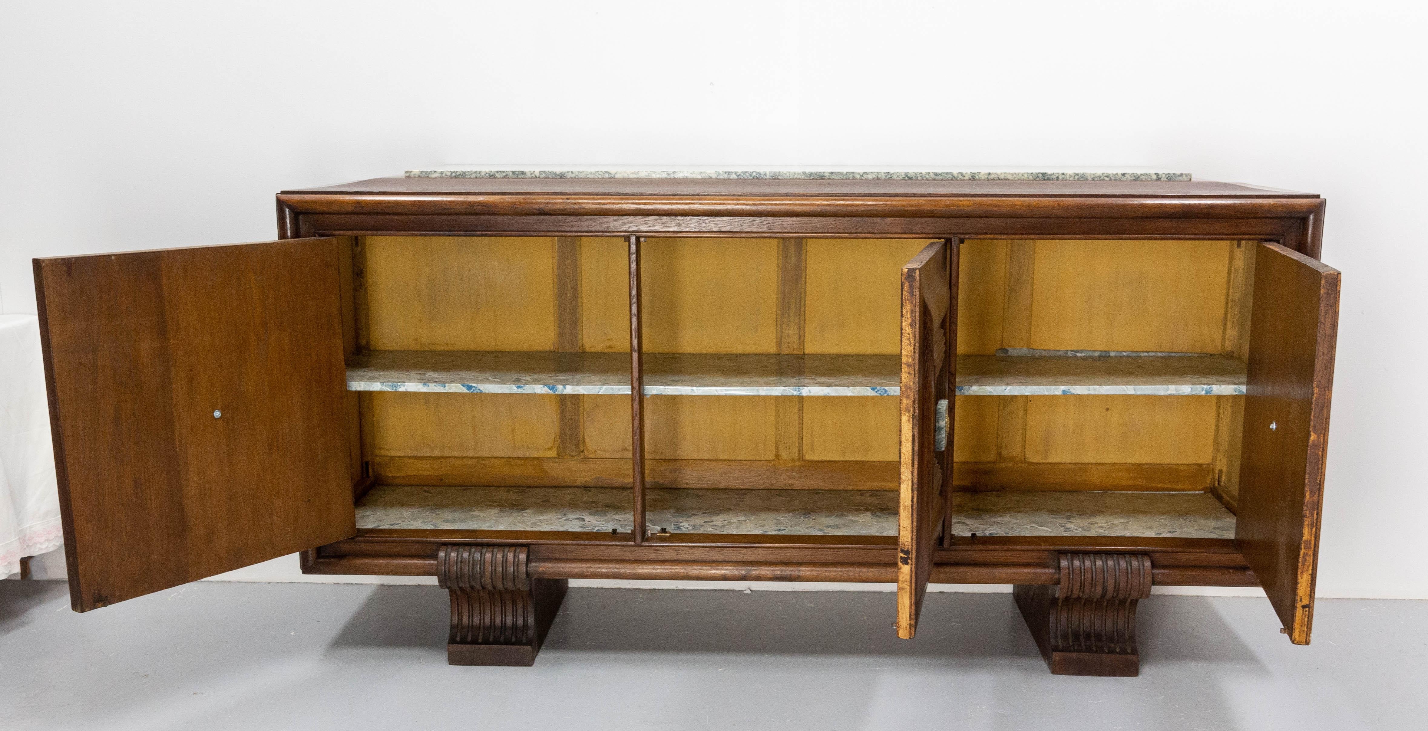 French Buffet Oak Marble Top & Brass, circa 1960 For Sale 2