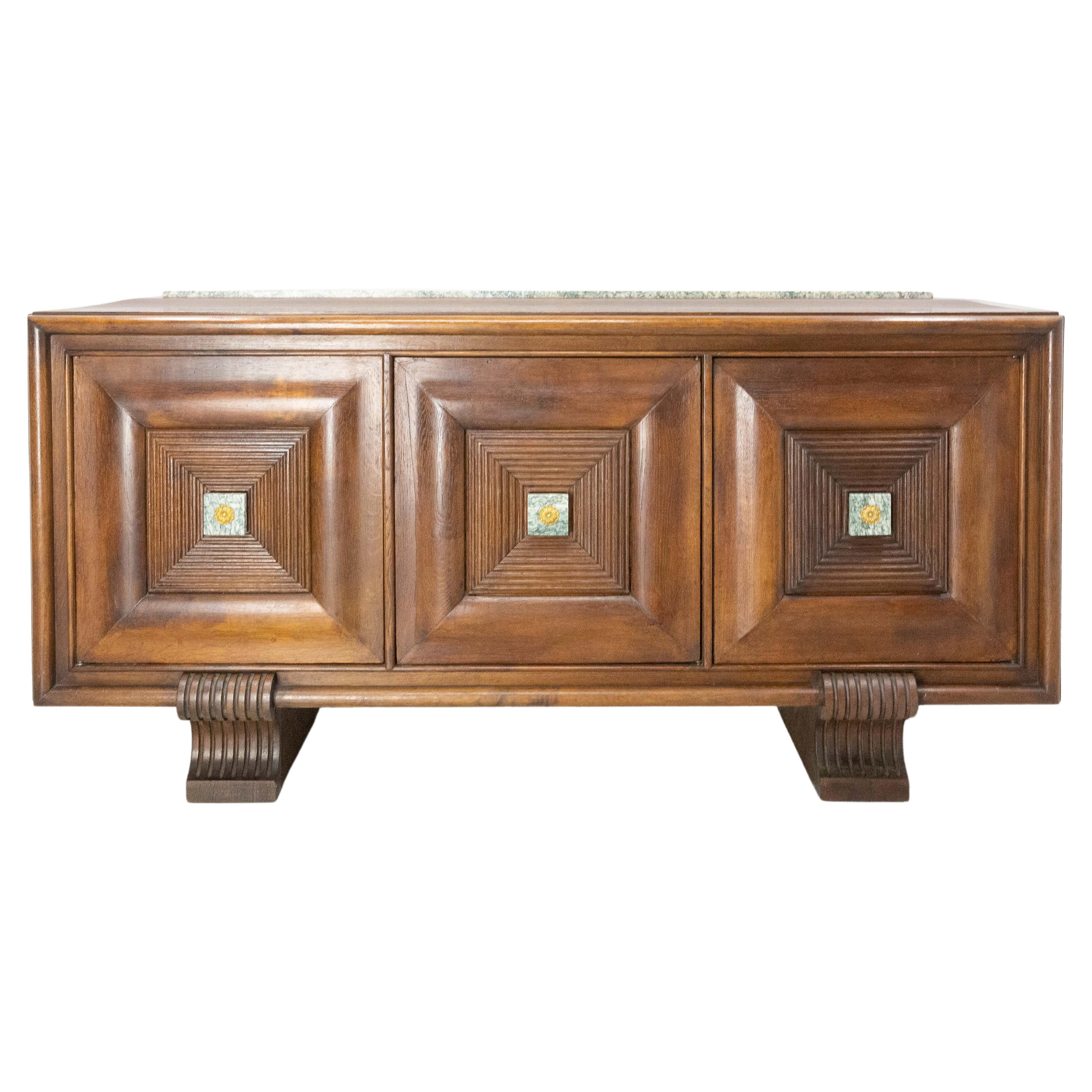 French Buffet Oak Marble Top & Brass, circa 1960 For Sale