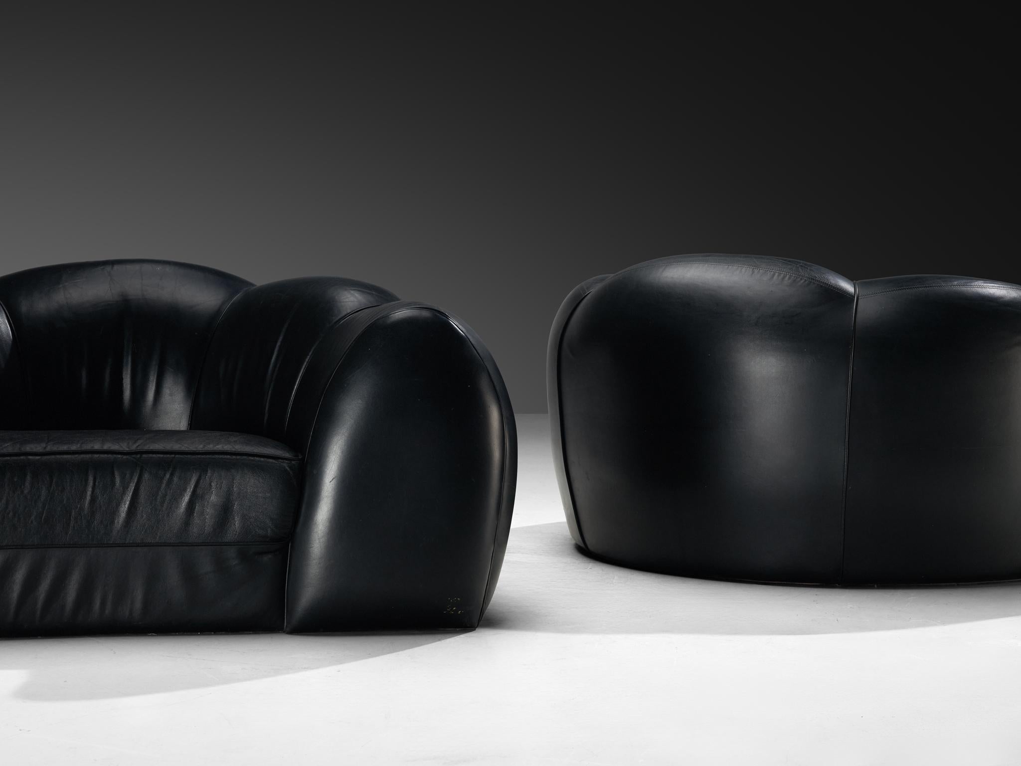 Post-Modern French Bulbous Croissant Shaped Lounge Chairs or Loveseats in Black Leather