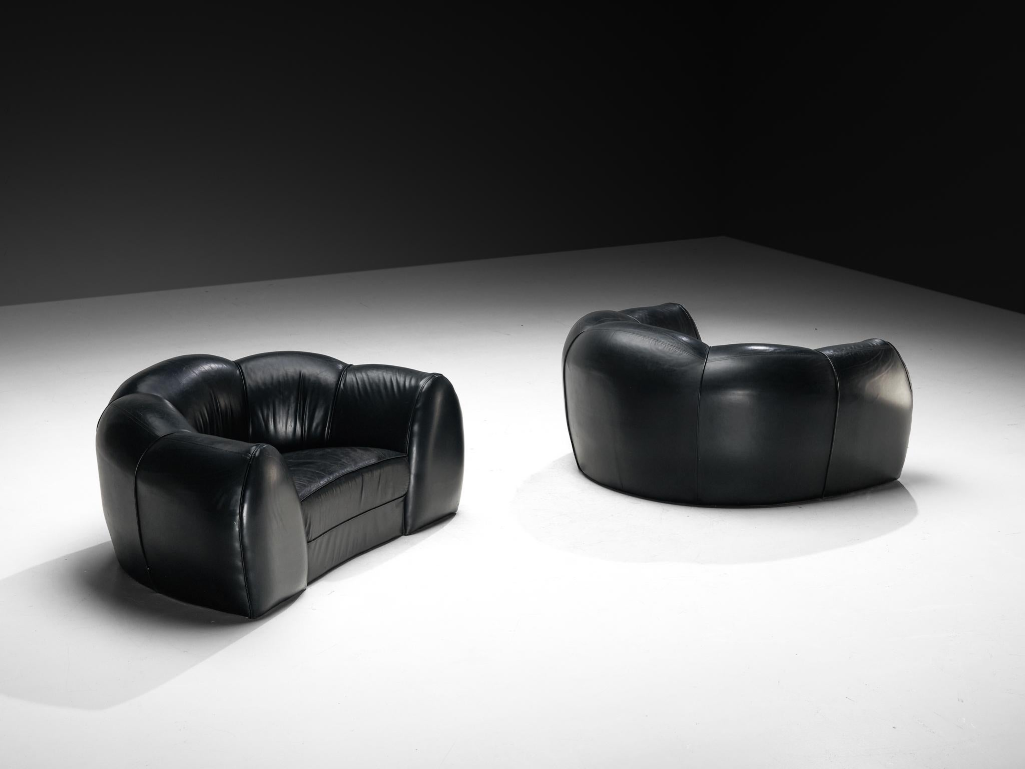 Late 20th Century French Bulbous Croissant Shaped Lounge Chairs or Loveseats in Black Leather