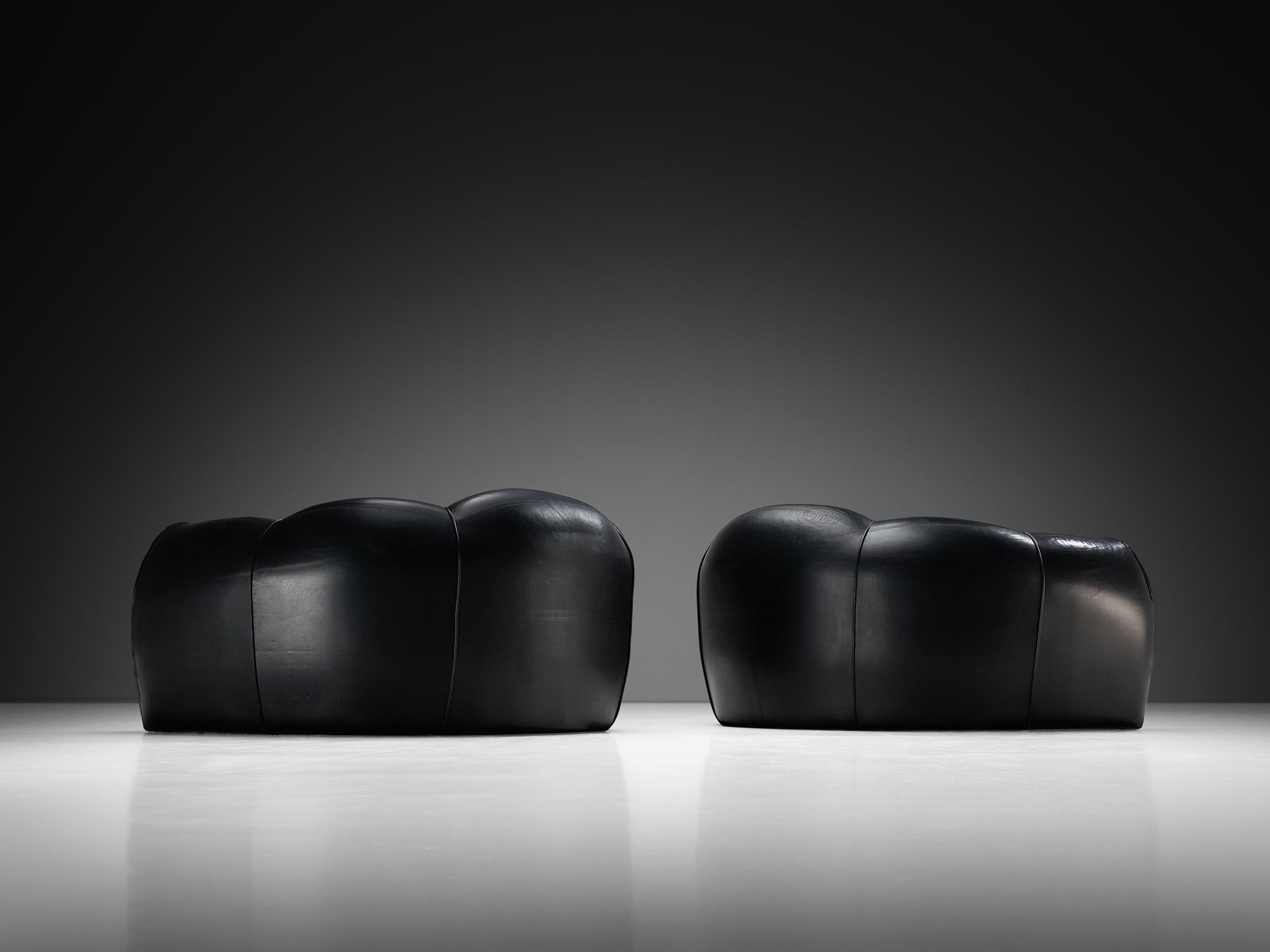 French Bulbous Croissant Shaped Lounge Chairs or Loveseats in Black Leather 1