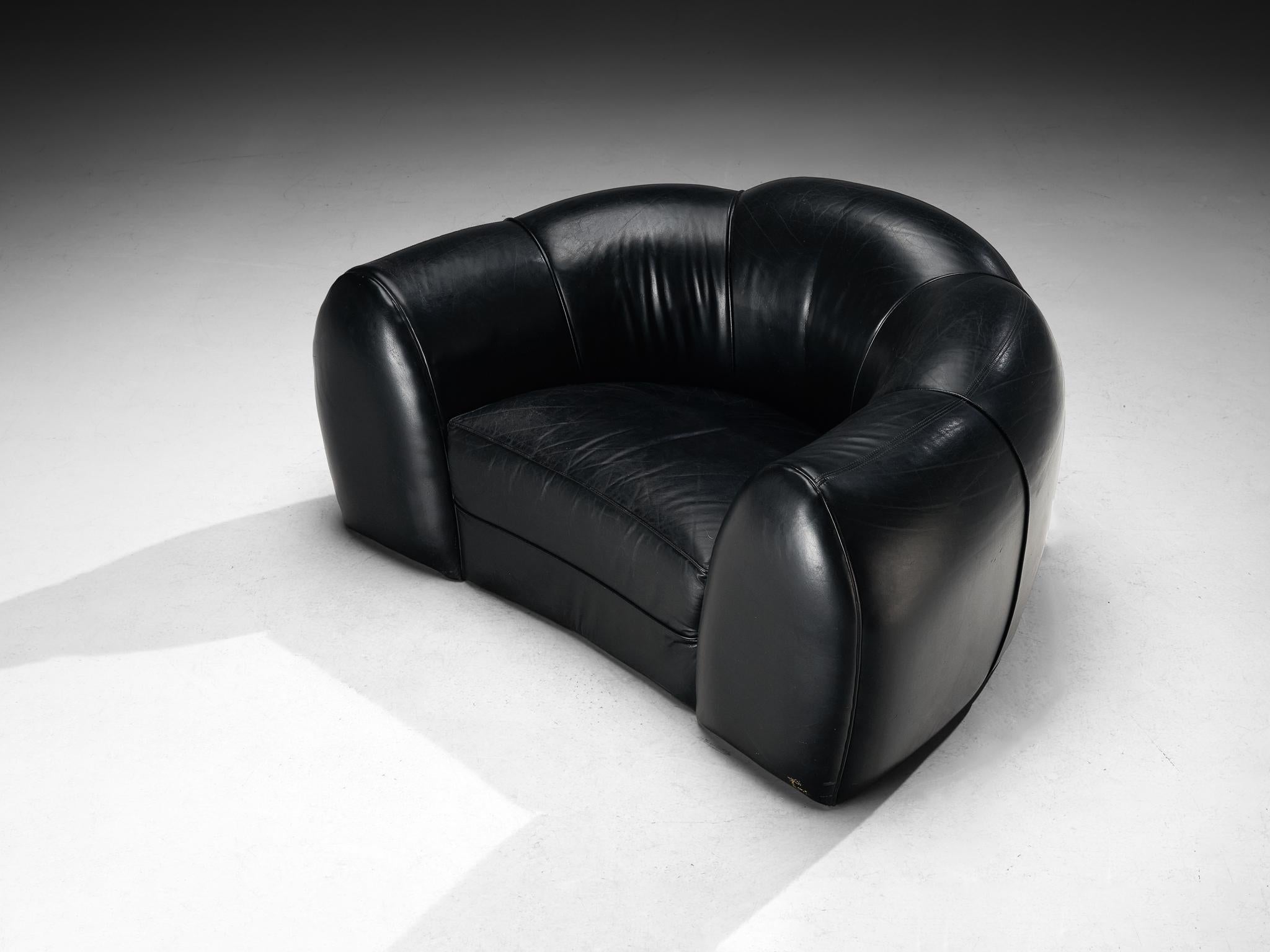 French Bulbous Croissant Shaped Lounge Chairs or Loveseats in Black Leather 2
