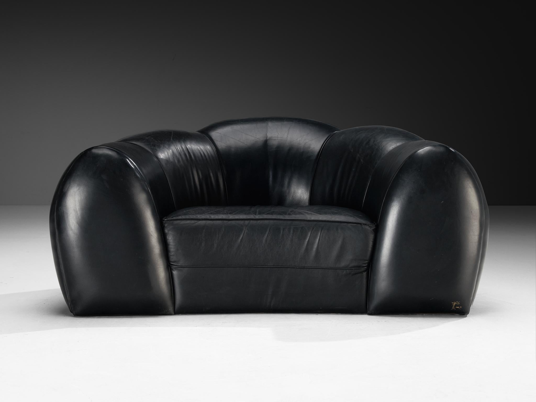 French Bulbous Croissant Shaped Lounge Chairs or Loveseats in Black Leather 3