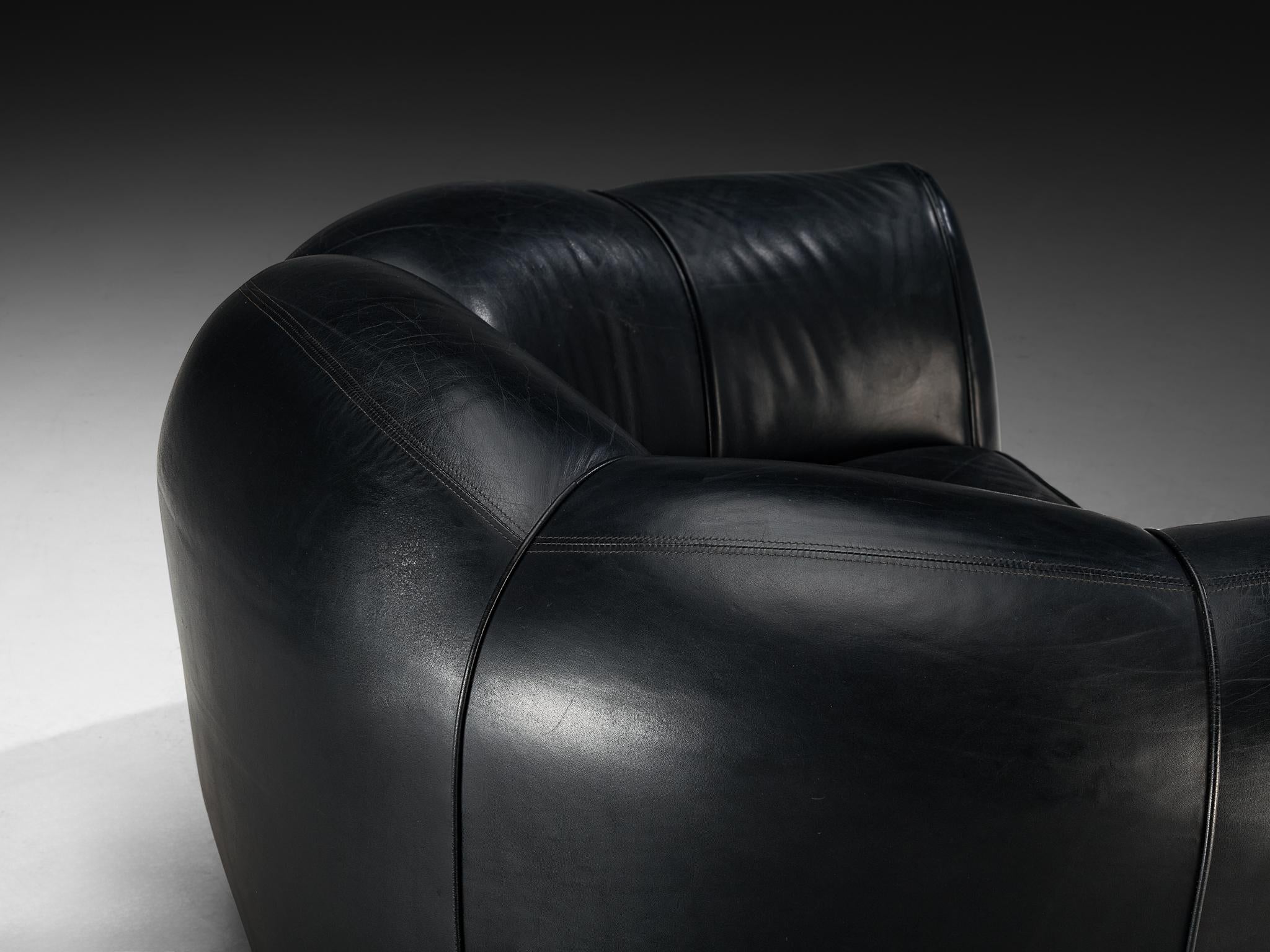 French Bulbous Croissant Shaped Lounge Chairs or Loveseats in Black Leather 4