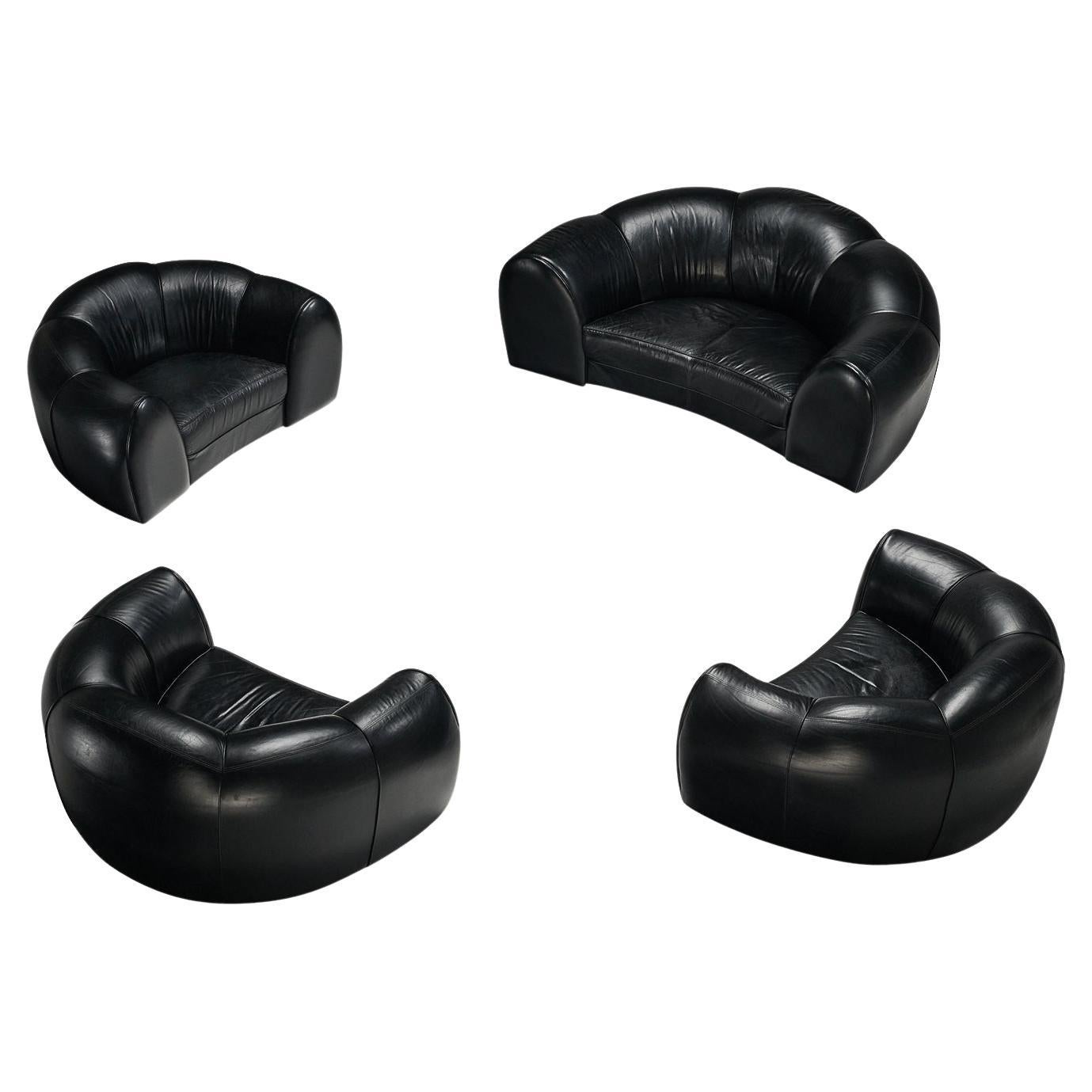 French Bulbous Croissant Shaped Sofa and Lounge Chairs in Black Leather