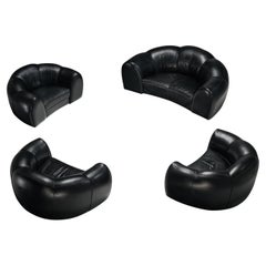 French Bulbous Croissant Shaped Sofa and Lounge Chairs in Black Leather