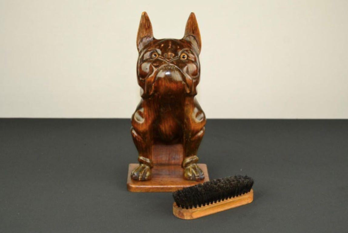 French Bulldog Brush Holder, Wood and Glass Eyes For Sale 10