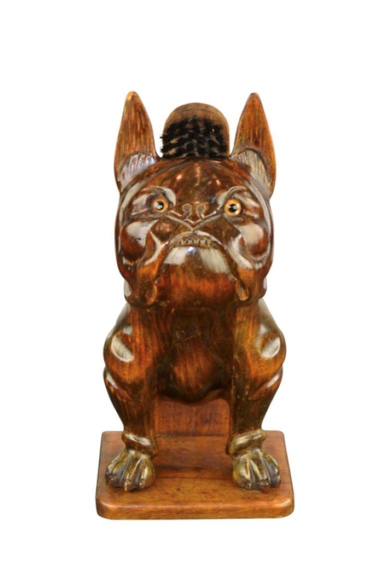 French Bulldog Brush Holder, Wood and Glass Eyes For Sale 13