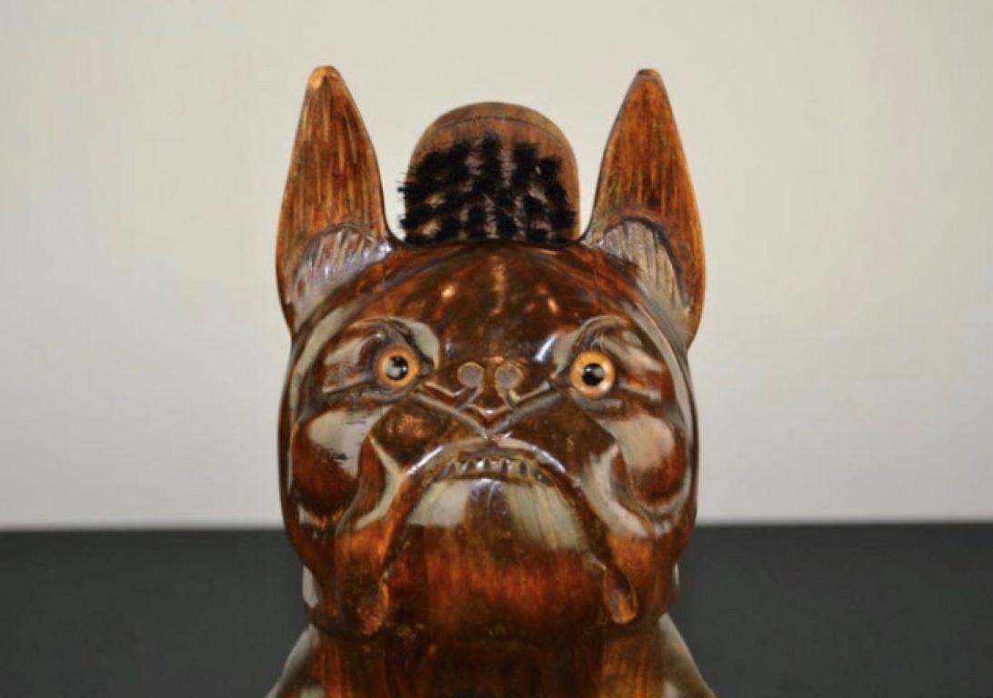 European French Bulldog Brush Holder, Wood and Glass Eyes For Sale