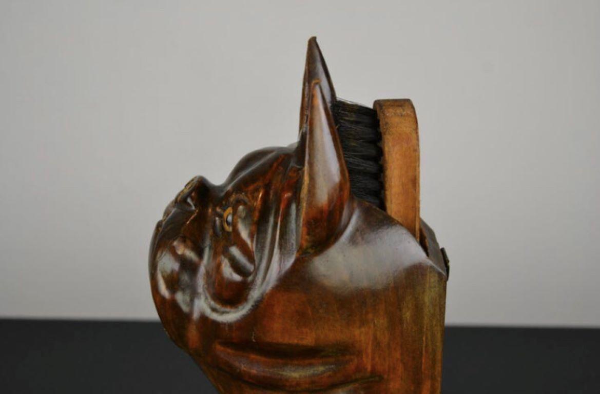 French Bulldog Brush Holder, Wood and Glass Eyes For Sale 2