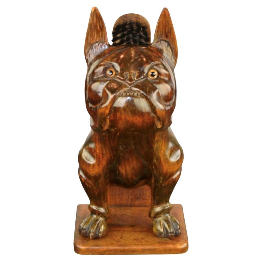 French Bulldog Brush Holder, Wood and Glass Eyes For Sale