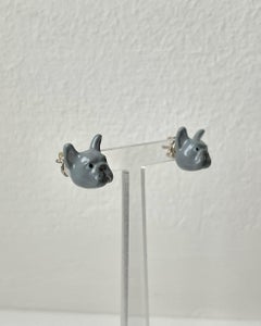 French Bulldog Enamel Grey Blue Eyes Sterling Silver 925 Dog Stud Earrings