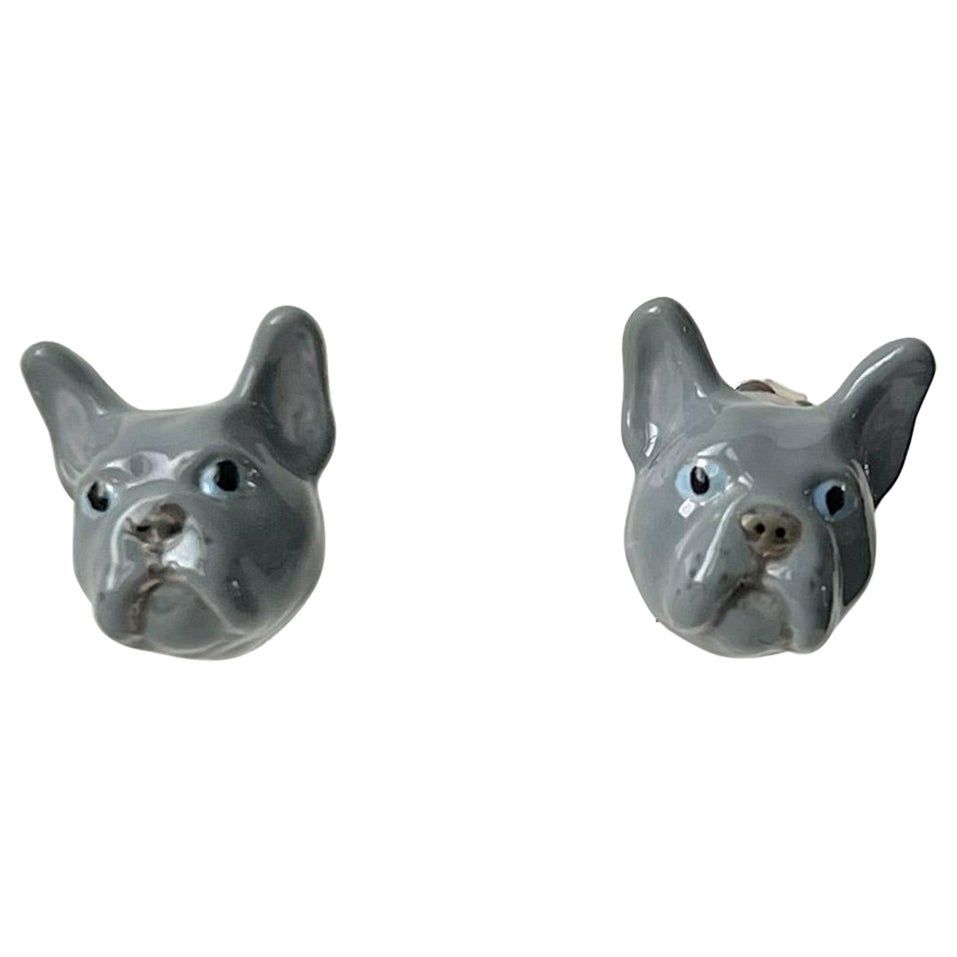 Orecchini per cani Bulldog Francese Smalto Grigio Occhi Blu Argento 925