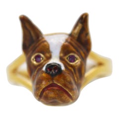 Vintage French Bulldog Enamel Ring 18 Karat