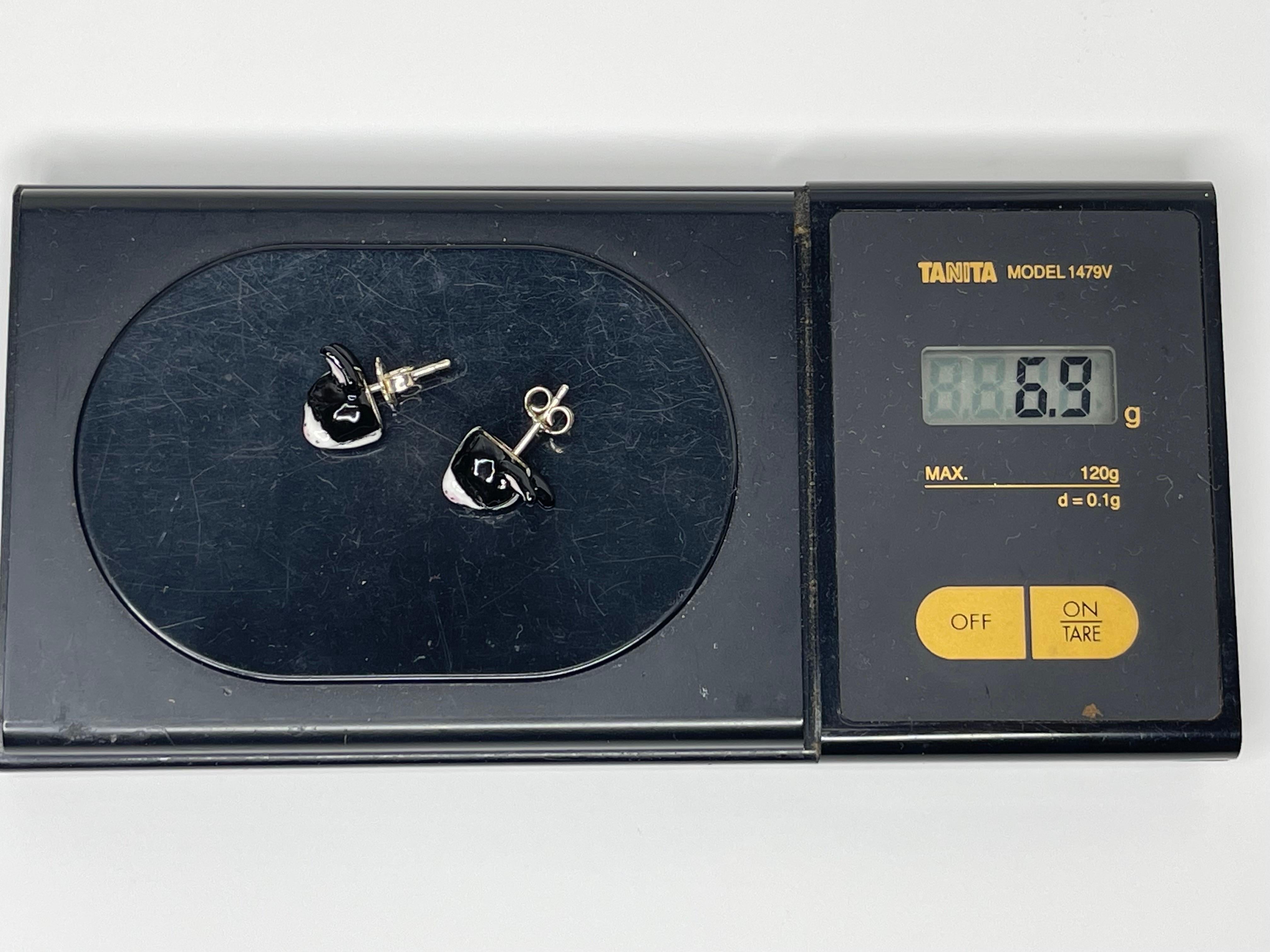 French Bulldog Enamel White and Black Sterling Silver 925 Dog Stud Earrings For Sale 3