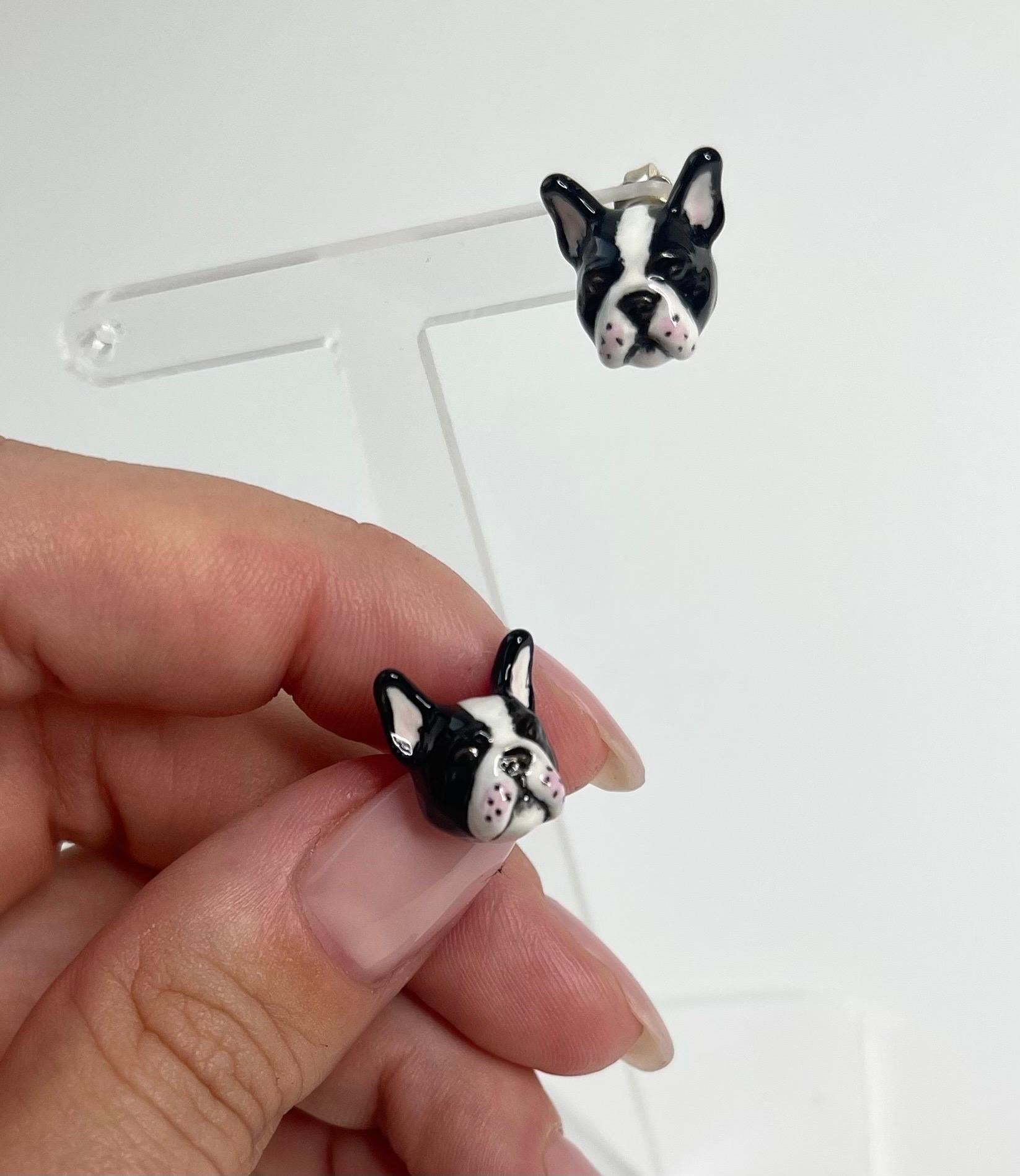 

Earrings made in sterling silver 925, totally hand made and hand painted. 
These earrings feature a French bulldog dog with fur black and white and thanks to amazing hand enamel life-like features is vividly rendered.   

Its possible to depict