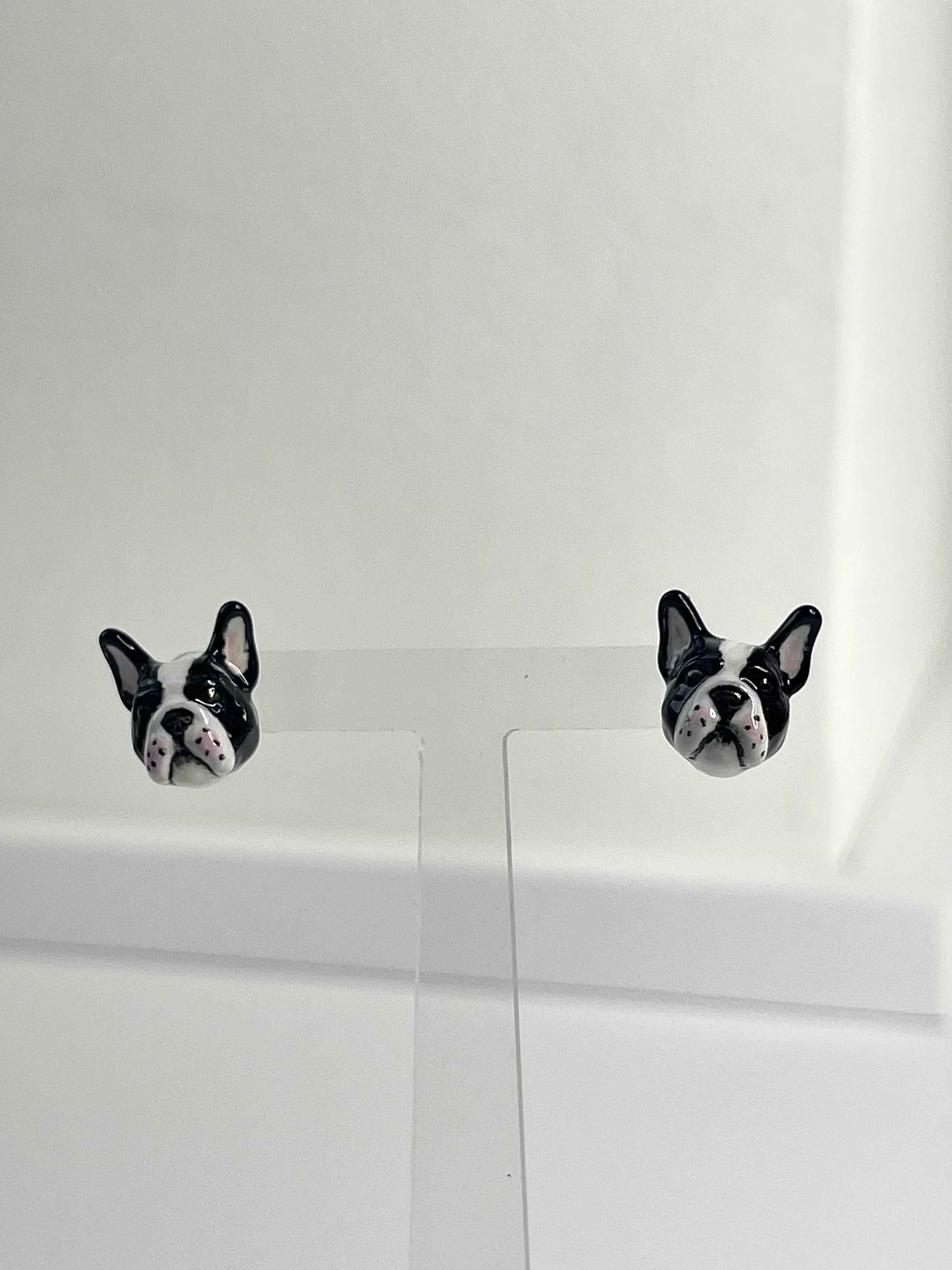 Women's or Men's French Bulldog Enamel White and Black Sterling Silver 925 Dog Stud Earrings  For Sale