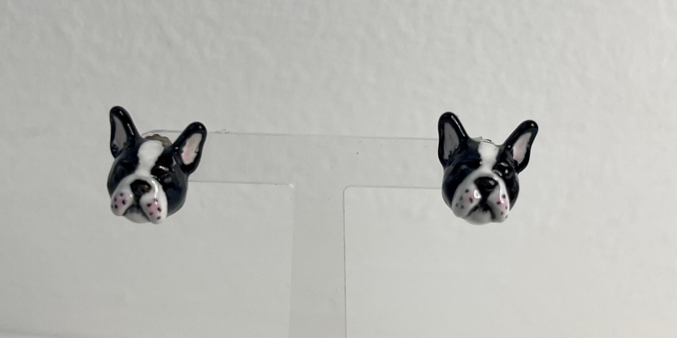 French Bulldog Enamel White and Black Sterling Silver 925 Dog Stud Earrings  For Sale 1
