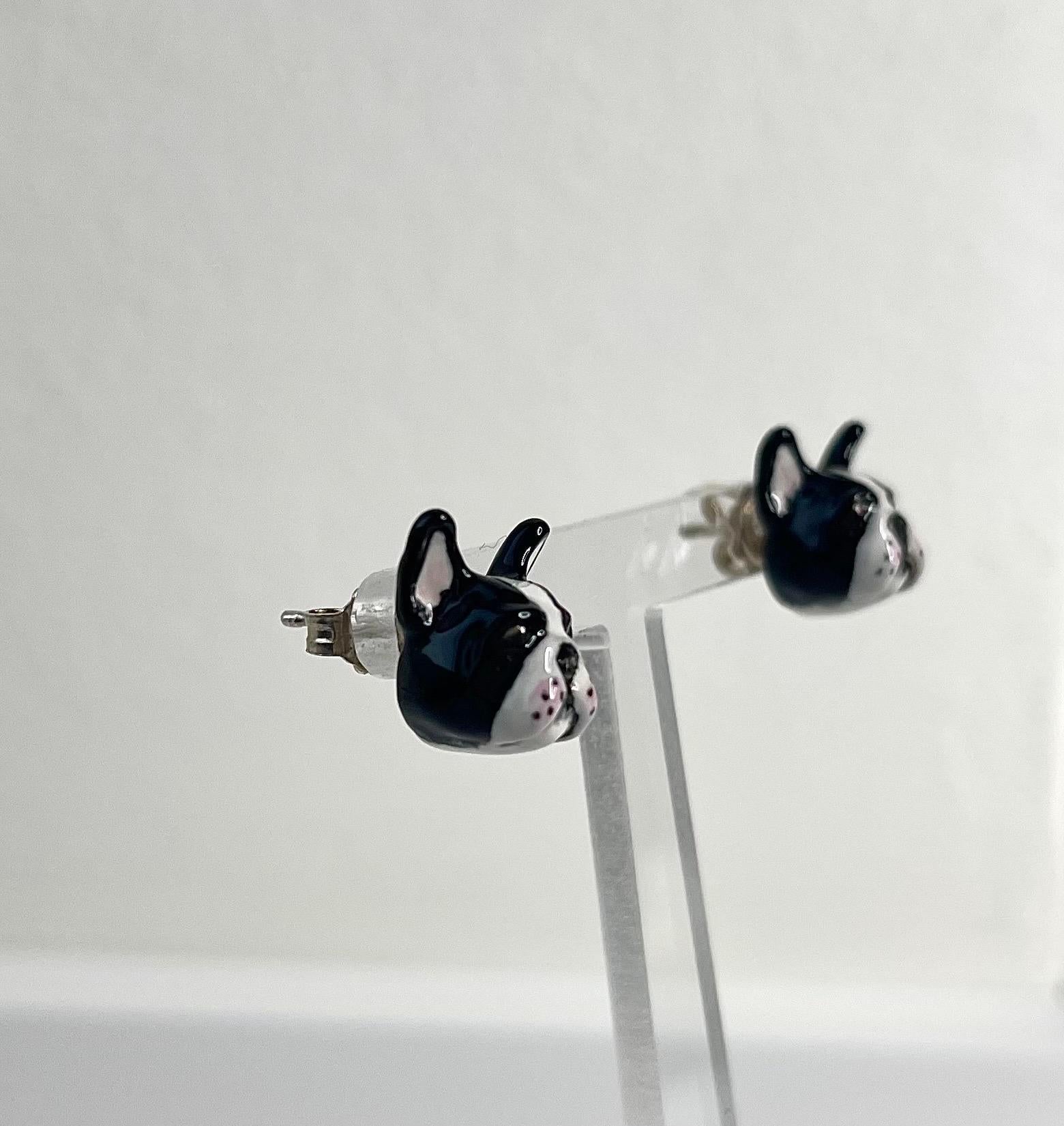 French Bulldog Enamel White and Black Sterling Silver 925 Dog Stud Earrings  For Sale 2