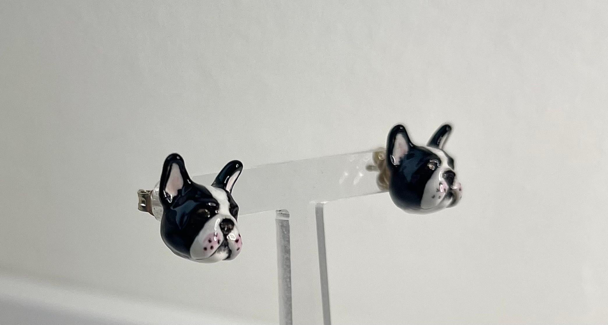 French Bulldog Enamel White and Black Sterling Silver 925 Dog Stud Earrings  For Sale 3